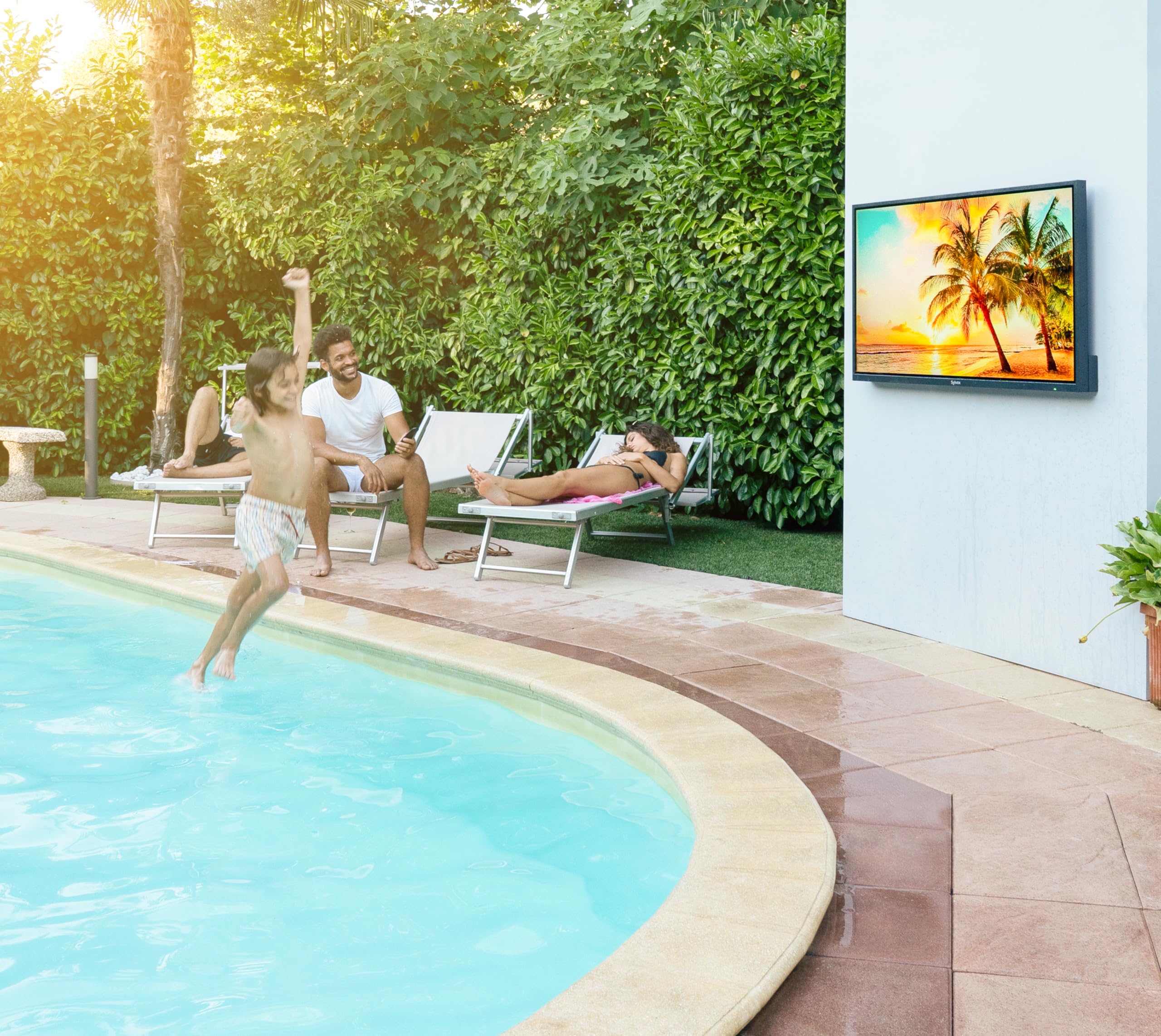 SYLVOX 65-Calowy Telewizor zewnętrzny, 4K UHD QLED 1000 nitów, Smart Google TV IP55 wodoodporny, HDMI, DVB-T2/S2/C, USB, WiFi, Asystent Google, Outdoor TV do Basenu, Ogrodu, Tarasu (Deck Pro 2.0 QLED)