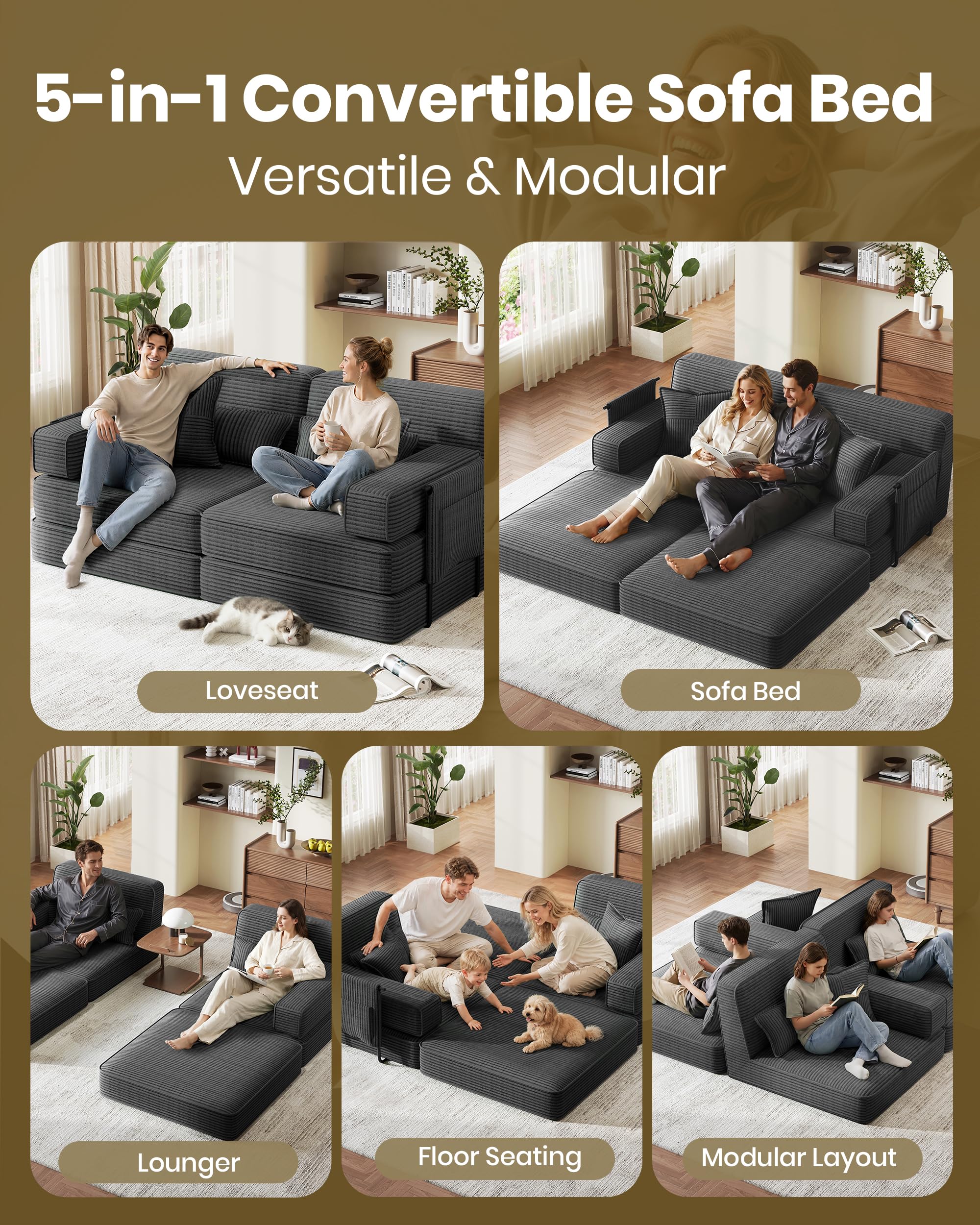 Sofá cama deshuesado, sofá modular convertible 5 en 1 de 190 cm, de pana, sin montaje, sofá cama doble plegable de 2 a 3 plazas con almacenamiento, 4 almohadas y marco de metal, futón de suelo para