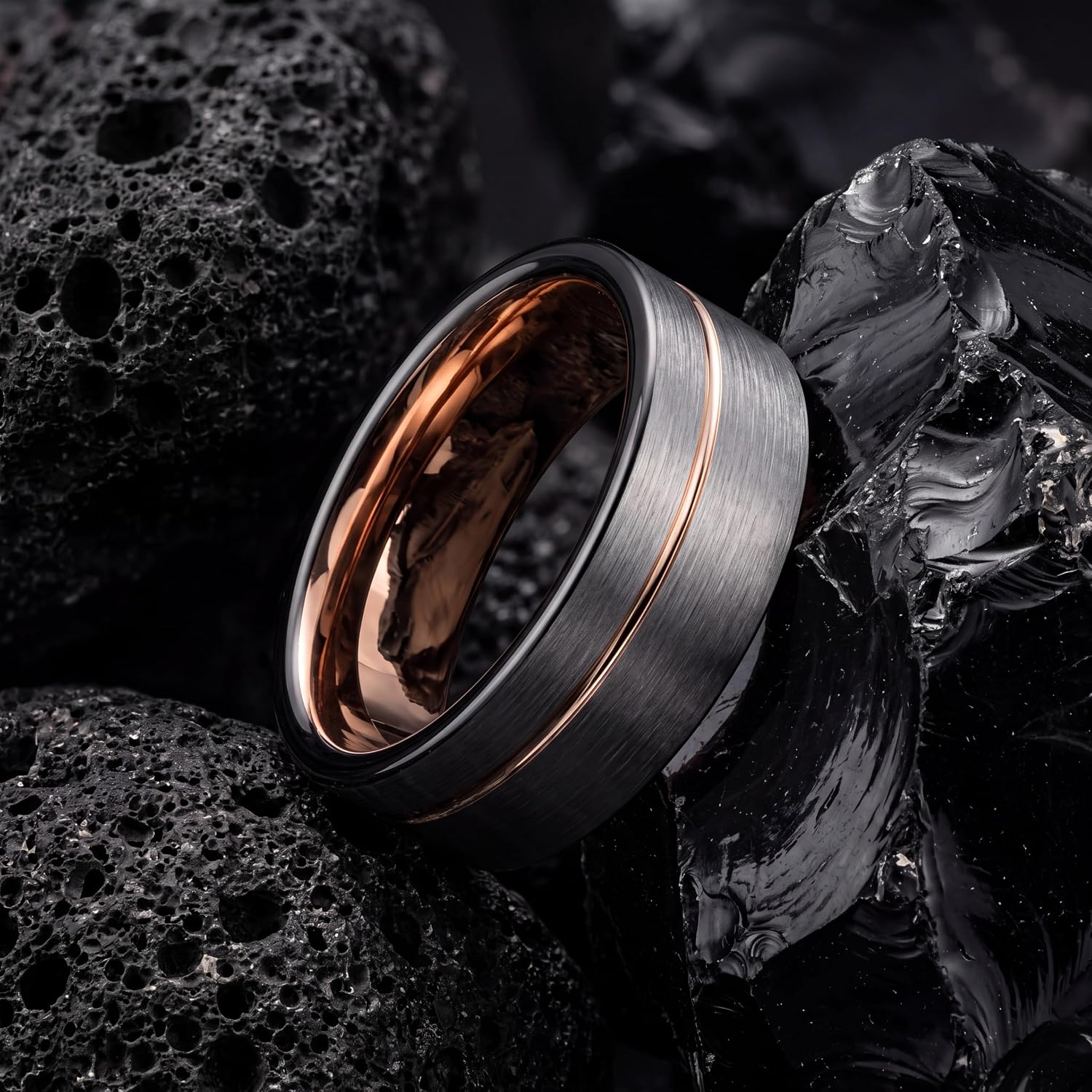 Tungsten Wedding Band Ring 12mm 9mm 7mm for Men Women 18k Rose Gold Plated Flat Cut Black Grey Brushed Polished