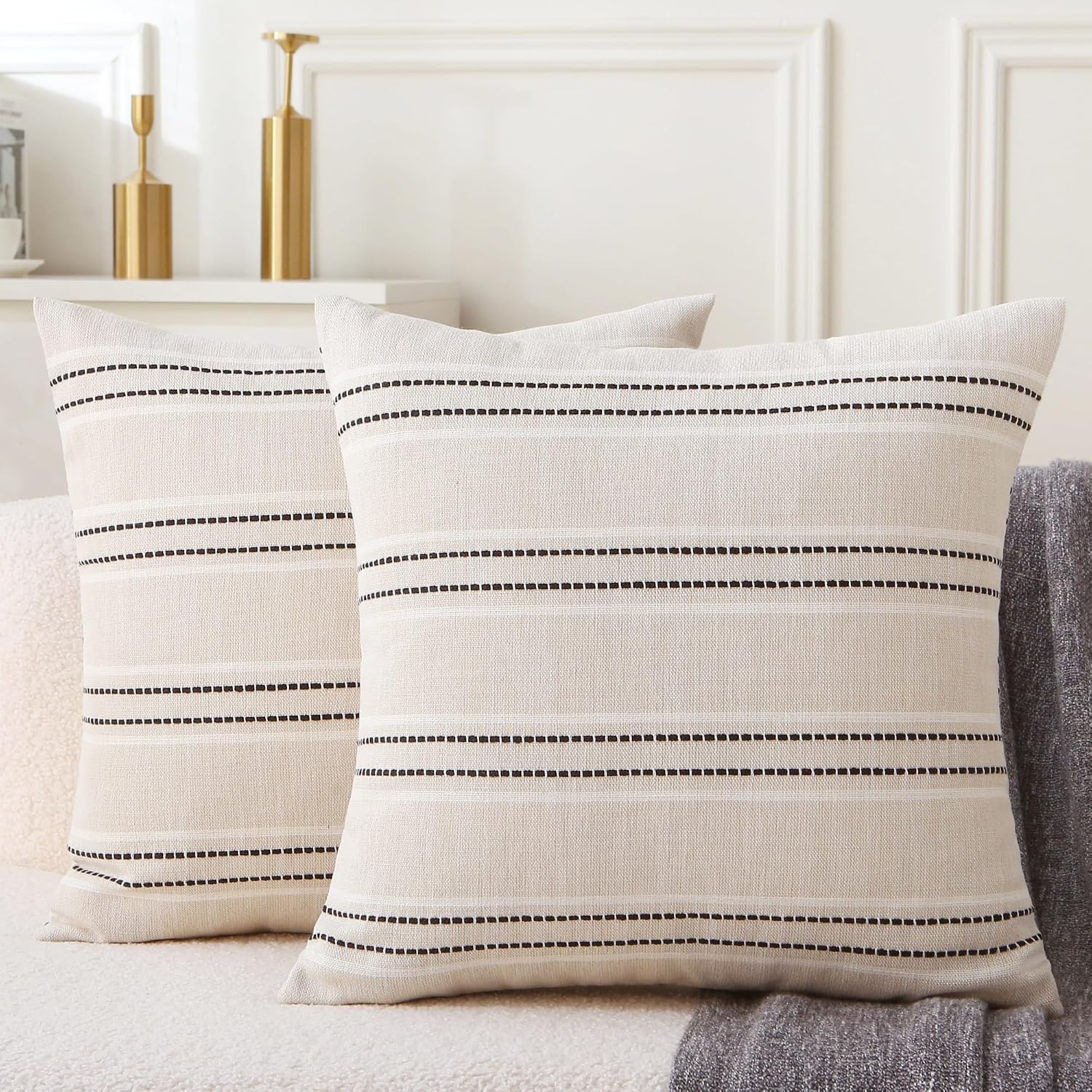 18" x 18" Decorative Throw Pillows with Inserts, 2 Pack Textured Linen Pillow, Farmhouse Decor Boho Cushion for Couch Bed Living Room (Black Dashed Line)