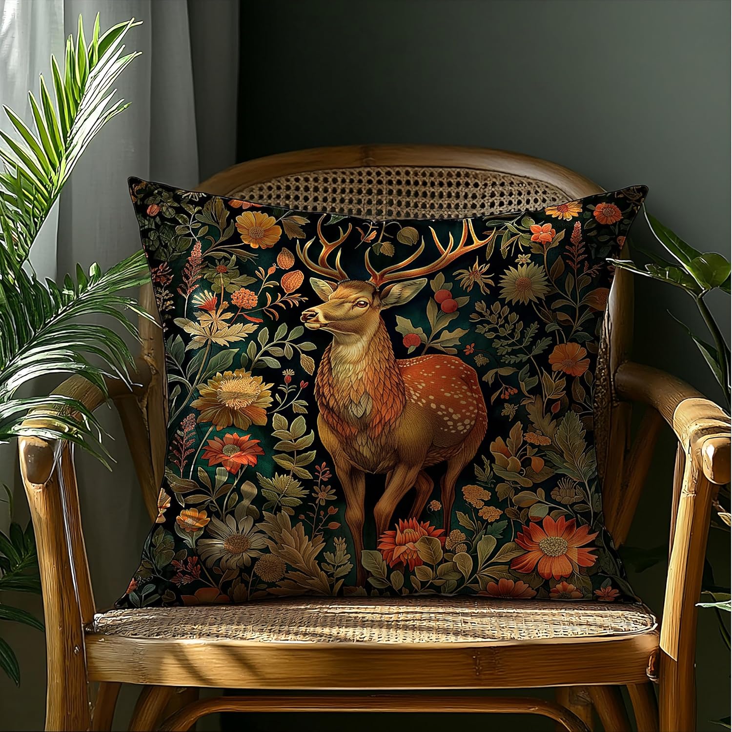 William Morris Reindeer Floral Print Pillow Covers 18x18 Double-Sided,Vintage Cottagecore Reindeer Animal Floral Decorative Throw Pillow Covers for Home Bedroom Living Room - Image 4