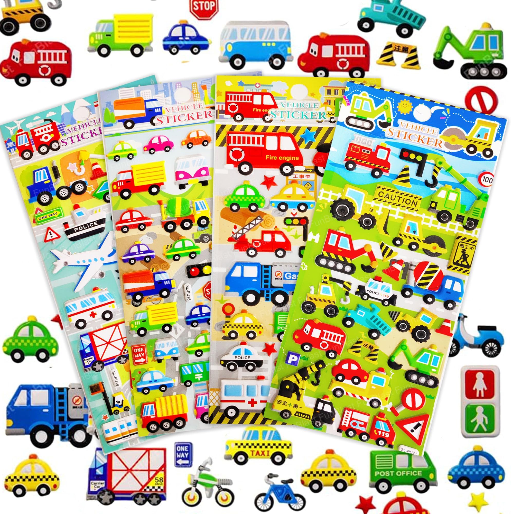 FunBlast 3D PVC Cute Mix Stickers – 150 Pcs Self Adhesive Puffy Stickers Including Cars, Trains, Airplanes, Fire Trucks Stickers for Scrap Booking, Decoration, Project Work for Kids (Random Design)