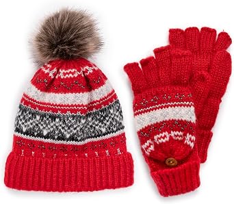 MUK LUKS Womens Mixed Yarn Beanie and Mitten Set
