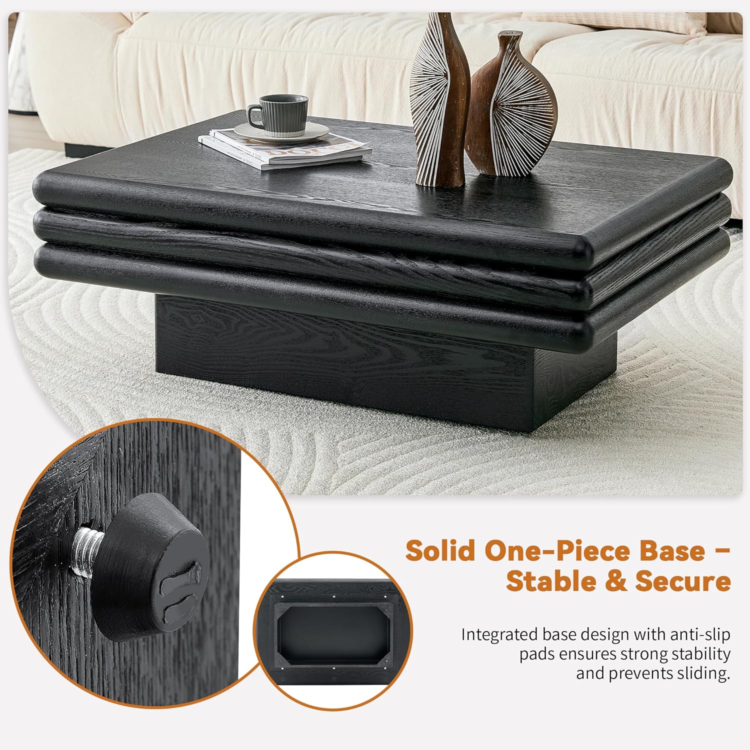 3-Tier Stacked Coffee Table for Living Room, Modern Rectangular Wood Coffee Table with Rounded Edges, Premium MDF with Real Wood Veneer, Low Profile Minimalist Center Table for Bedroom, Office