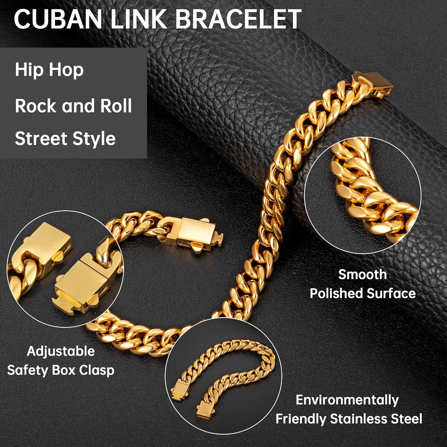 murtoo Mens Cuban Link Chain Bracelet, 6/8/12MM Stainless Steel Bracelets for Men Silver Black Gold, Hip Hop Link Bracelet with Detachable Clasp Gift for Men Him - Image 4