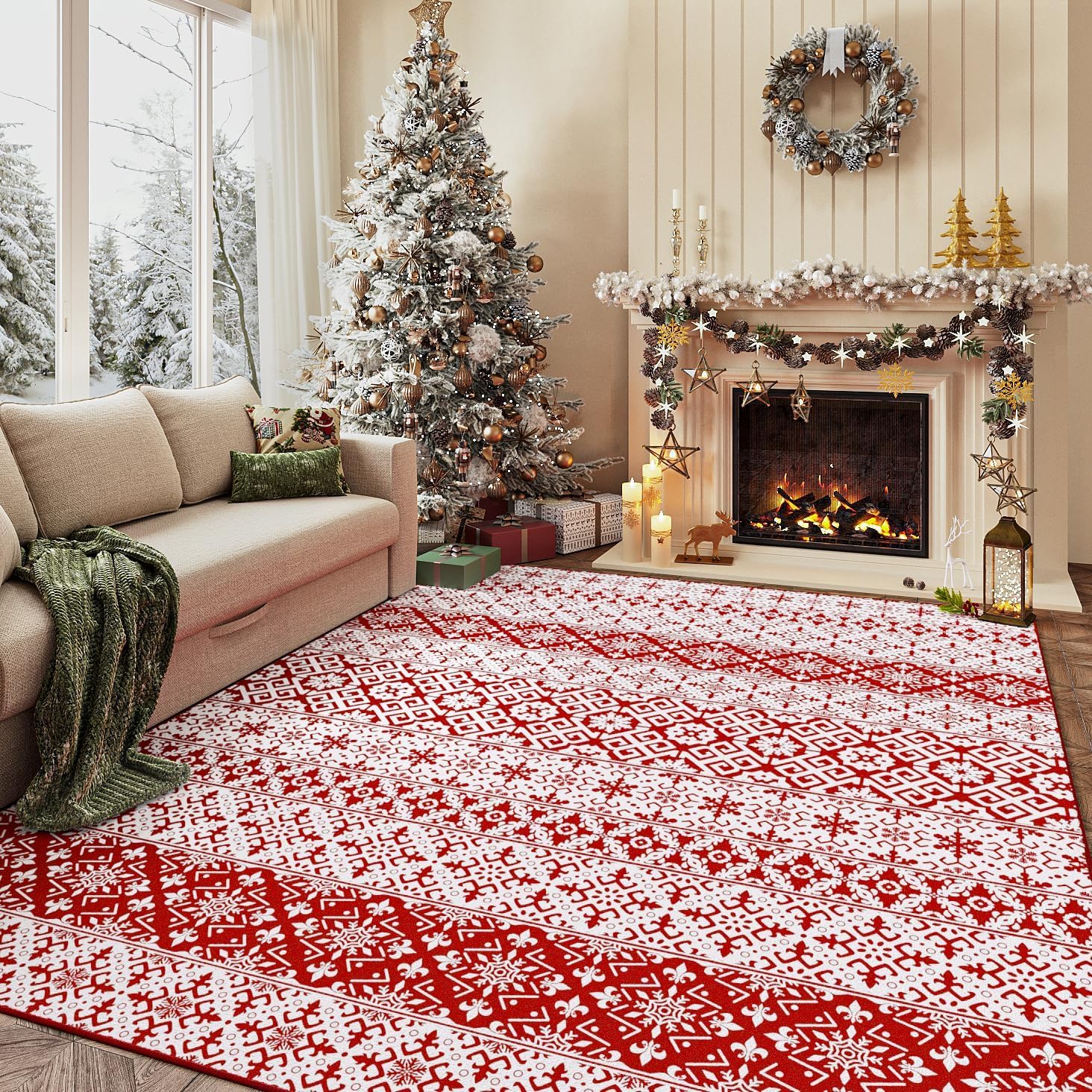 Christmas Area Rug 5x7 Red Snowflake Holiday Decorative Living Room Bedroom Throw Rug Washable Non Slip Soft Low Pile Carpet for Kitchen Entryway Dining Room Bathroom Home Decor