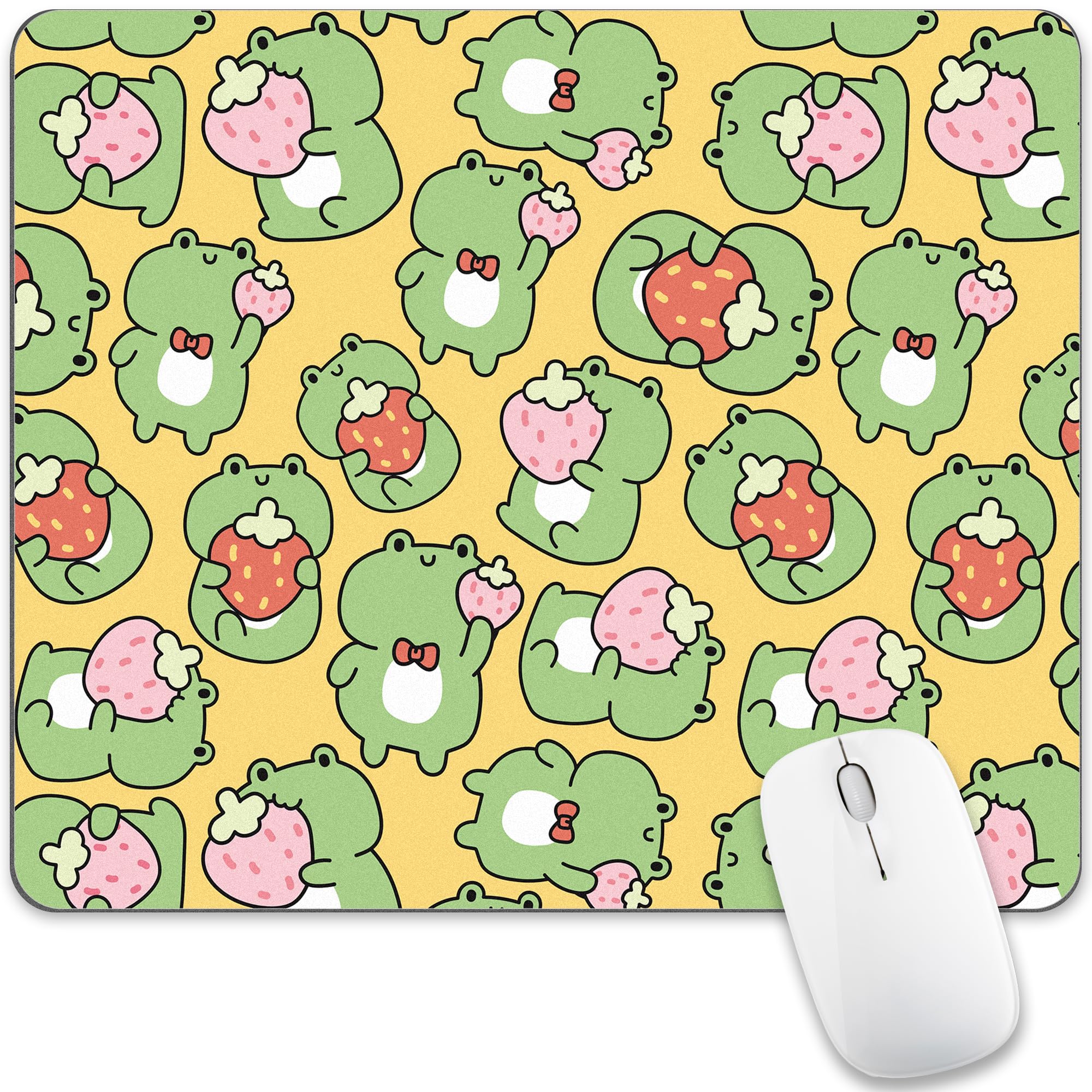 Cute Frog Strawberry Mouse Pad Kawaii Green Cartoon Funny Design Decorative Computer Mousepad Desk Mat Square Cottagecore Washable Student Office Accessories Decor Laptop Wireless PC Travel Gaming