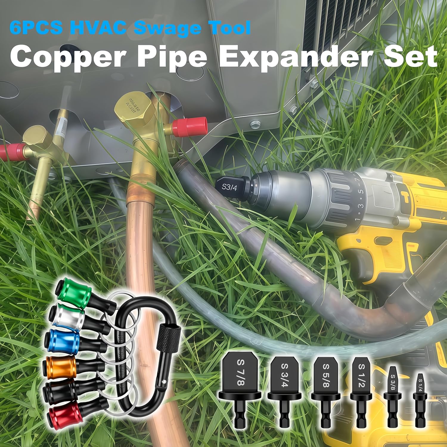 13PCS Swage Tool HVAC Repairing Set with Bit Holders, Hvac Gifts, Air Conditioner Copper Tube Expander Swaging Tool Drill Bit Copper Pipe Swage 1/4'', 3/8'',1/2'',5/8'',3/4'',7/8''
