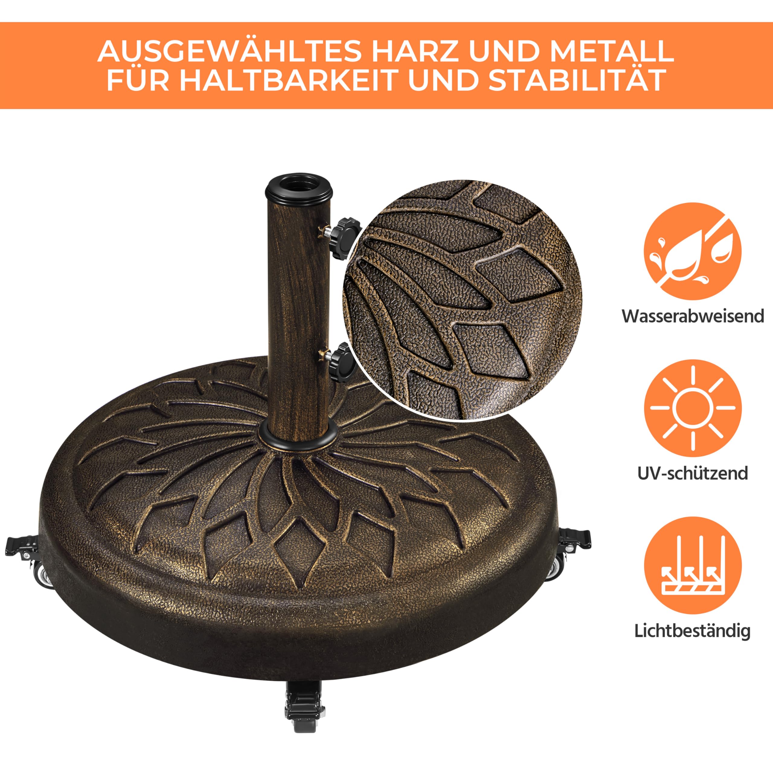 Yaheetech 24,7 kg Sonnenschirmständer mit Rollen ø50,6 cm Schirmständer Sonnenschirm Stabiler Schirmhalter für Schirmstangen von 34/38/48 mm für Garten/Balkon/Strand, Bronze