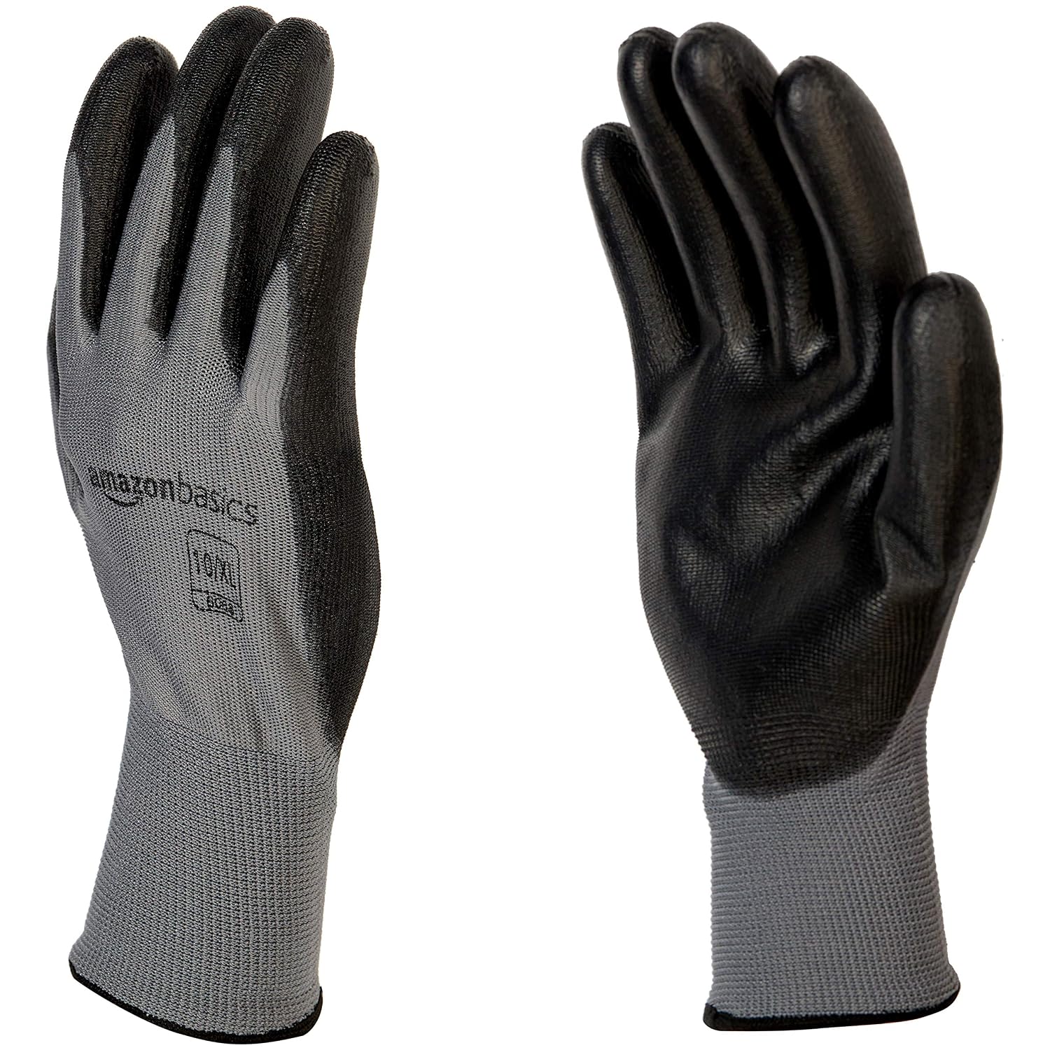AmazonBasics Polyurethane Coated Work Gloves, Polyester Liner Fiber, Touch Screen, Grey, Size 10, XL, 12-Pair