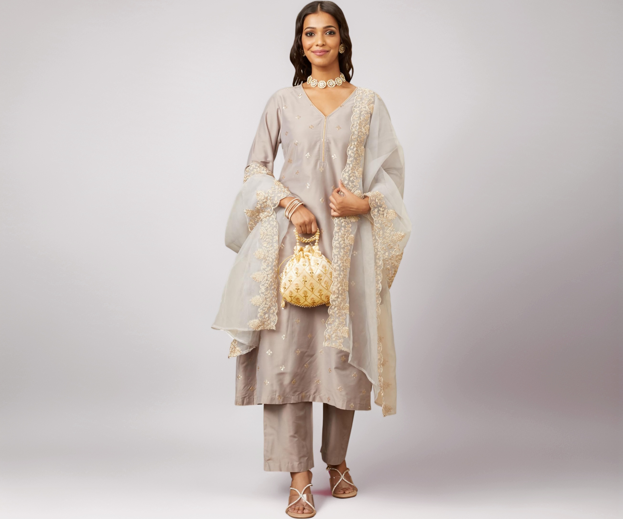 Amazon Brand - Myx Women's Kurta Pant Set with Embroidered Organza Dup
