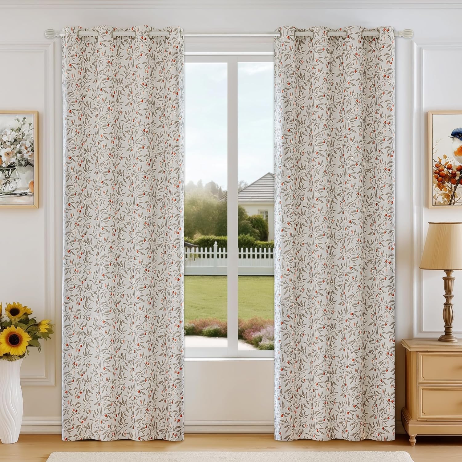 100% Blackout Beige Curtains 96 Inches Long for Bedroom, Orange and Taupe Cherry Leaves Patterned Curtains for Living Room, Farmhouse Thermal Insulated Botanical Drapes Grommet 2 Panels Set