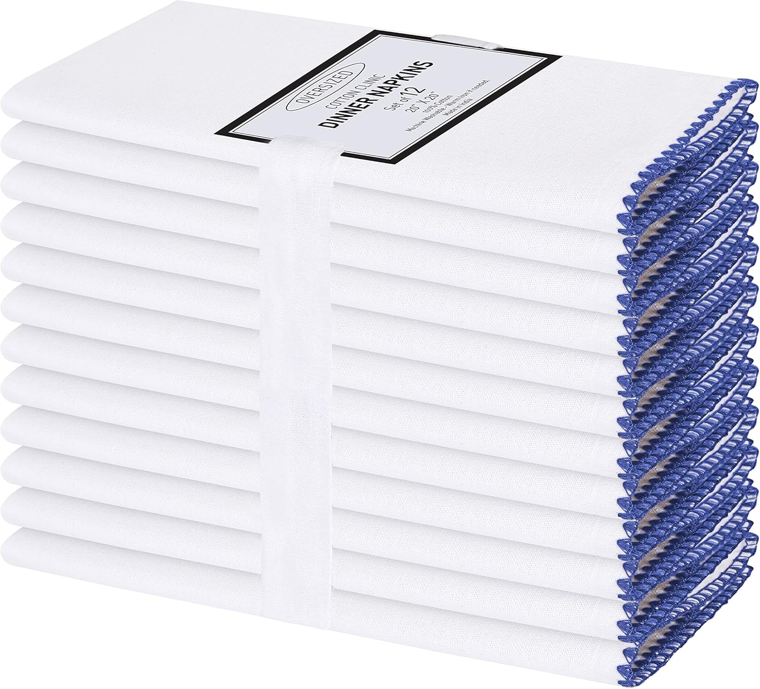 Cotton Clinic Cloth Napkins with Trim - Everyday Use Table Dinner Napkins - Soft Durable Washable - Ideal for Dinner Party Wedding Christmas Easter - Set of 12-20x20 inches Navy Blue White Napkins