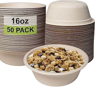 [50 Pack] 16 oz Compostable Paper Bowls Heavy-Duty Disposable Bowls, Eco-Friendly Natural Bagasse Unbleached, Hot or Cold Use, 100% Biodegradable Soup Bowls Sugarcane