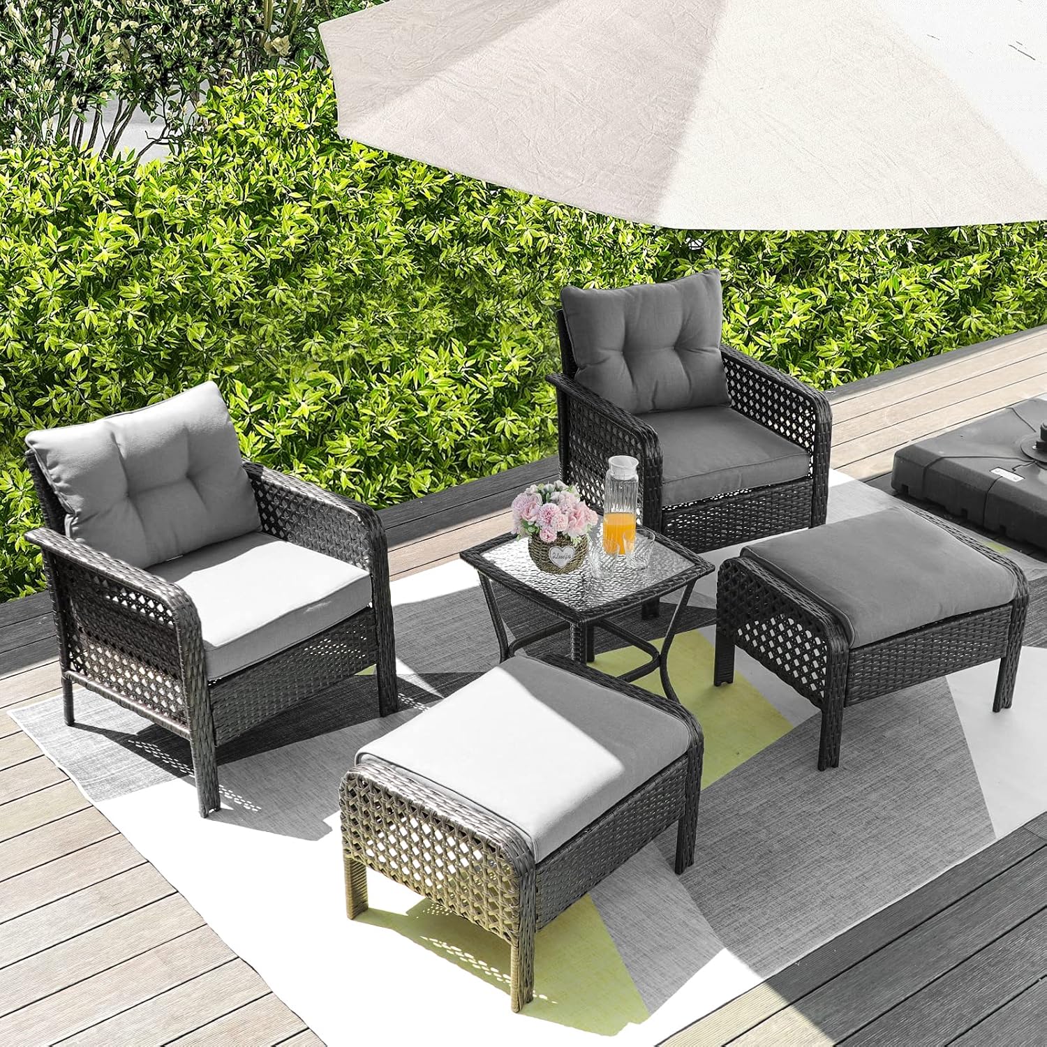 Lepdep 5 Pieces Patio Furniture Set with Ottoman, Wicker Patio Conversation Sets for Balcony, All-Weather Wicker Rattan Outside Patio Set Coffee Table with Cushion for Backyard. (Grey)