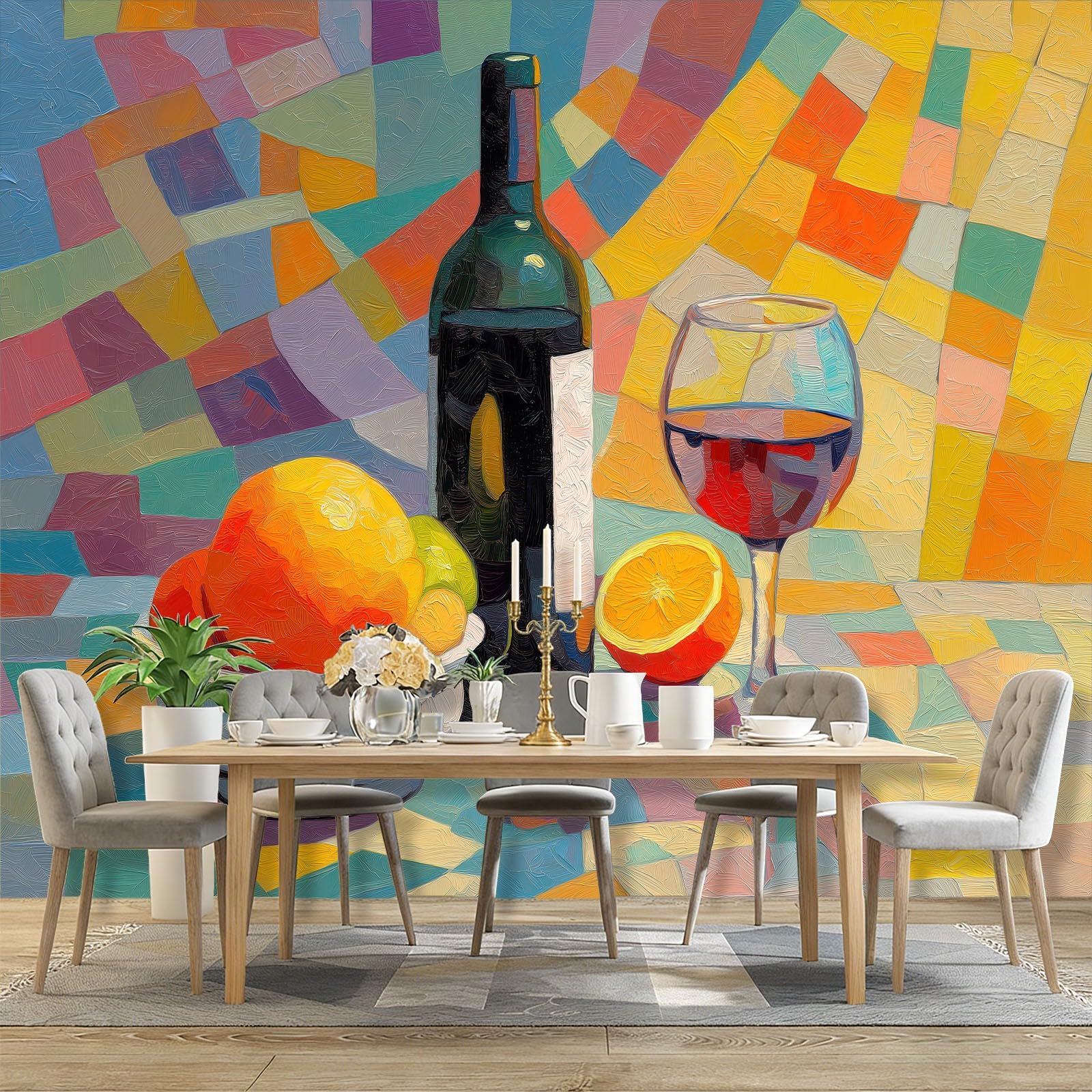 Vliestapete 350 x 256 cm, Moderne Kunst Rotwein Weinglas, Fröhliche Motivtapete für große Kinderzimmer, Bunt