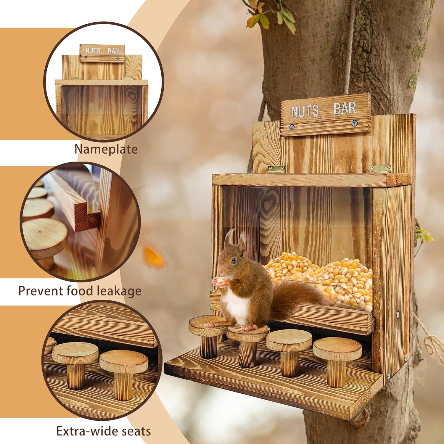 Squirrel Feeder, Squirrel Picnic Table Feeder, Carbonized Wooden Squirrel House Feeders with Stable Squirrels Stool Bar, Funny Squirrel Feeders for Outdoors (SquirrelFeeder)