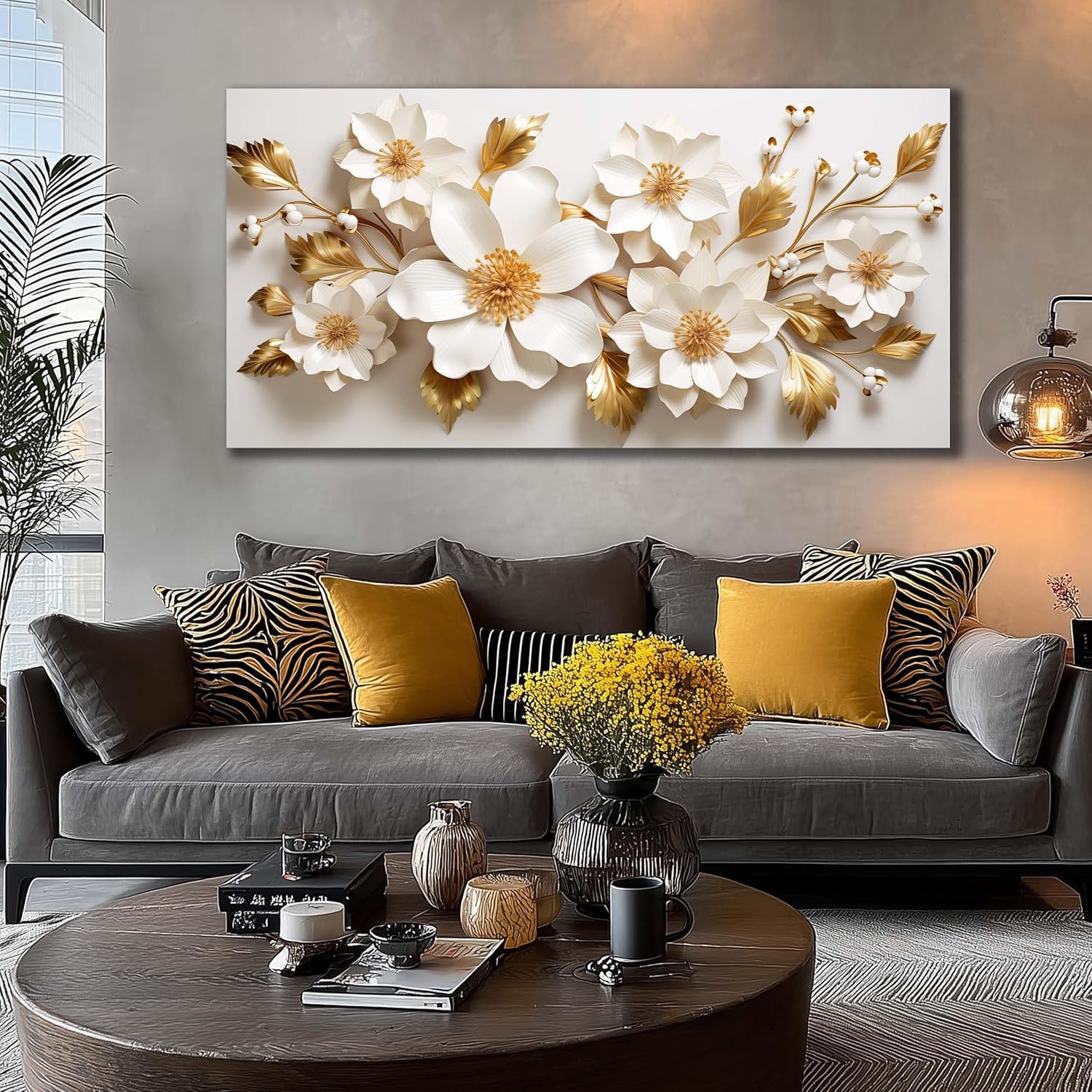 JuhaiArt Large Floral Wall Decor 3D Flower White Wall Art Elegant Gold Canvas Decor for Bedroom Living Room Office Picture Artwork 29" x 59"