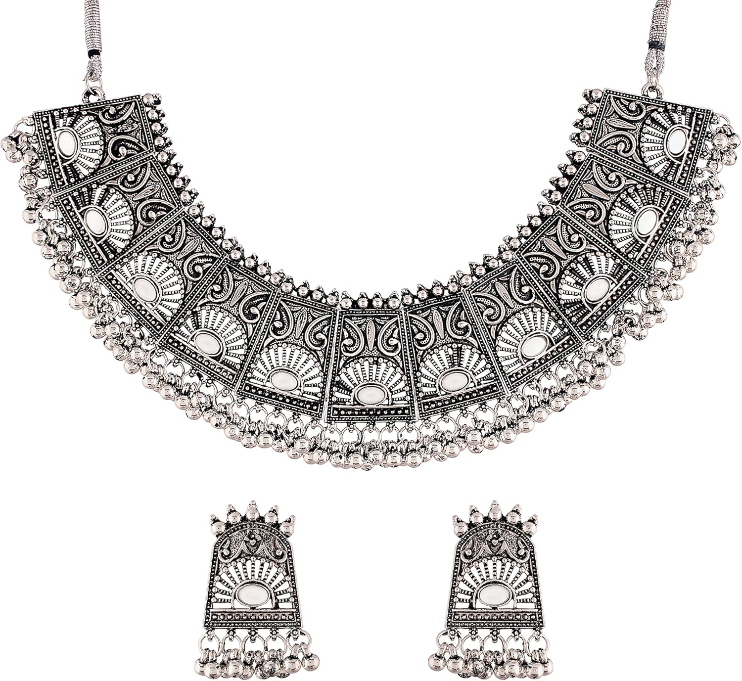 I Jewels Antique Silver Oxidized Ethnic Indian Traditional Bollywood Afghani Choker Necklace Jewellery Set for Women (MC066)