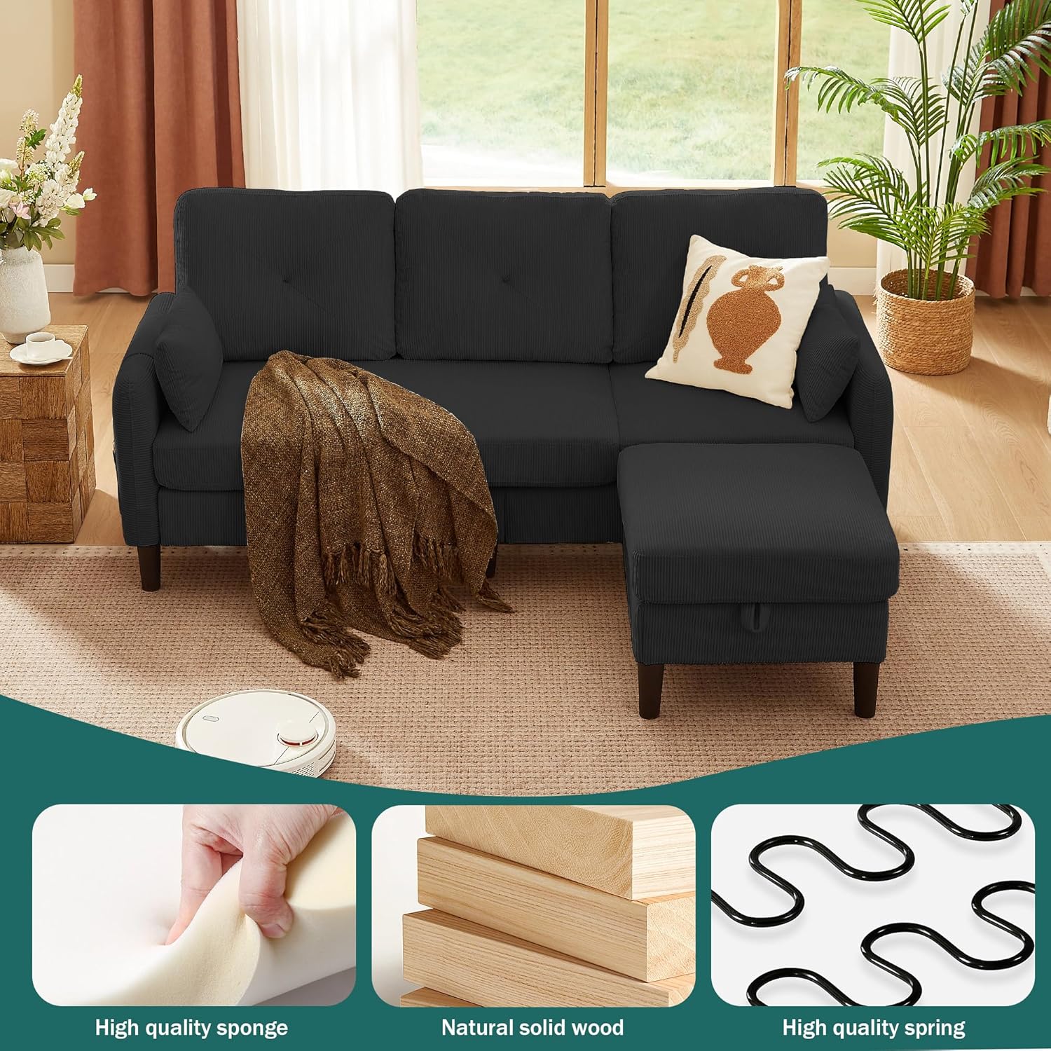 Corduroy Sectional Sofa Set with Storage Ottoman & Loveseat, 3 Seat L-Shaped Couch with Hidden Storage Ottoman, Removable Cushions and Covers,Modern Living Room Furniture (3-Piece Set)