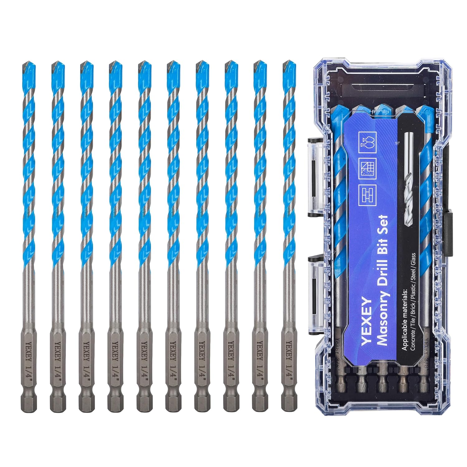 10PCS 1/4" Masonry Concrete Drill Bit Set,Tungsten Carbide Drill Bit Tip,Hex Shank Drill Bits Set for Tile,Brick,Marble,Plastic,Cement,Wood,Glass etc.