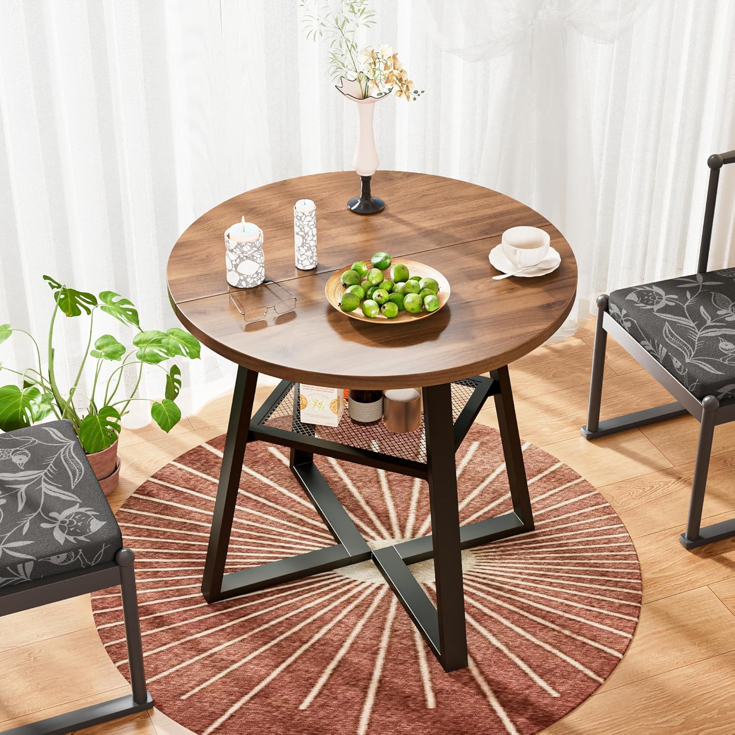 31.5 Inch Small Round Dining Table for 2-4, Space Saving Circle Kitchen Table with Storage, Mid Century Modern Dinner Table with Metal Legs, Wooden Farmhouse Dining Room Table for Living Room, Walnut