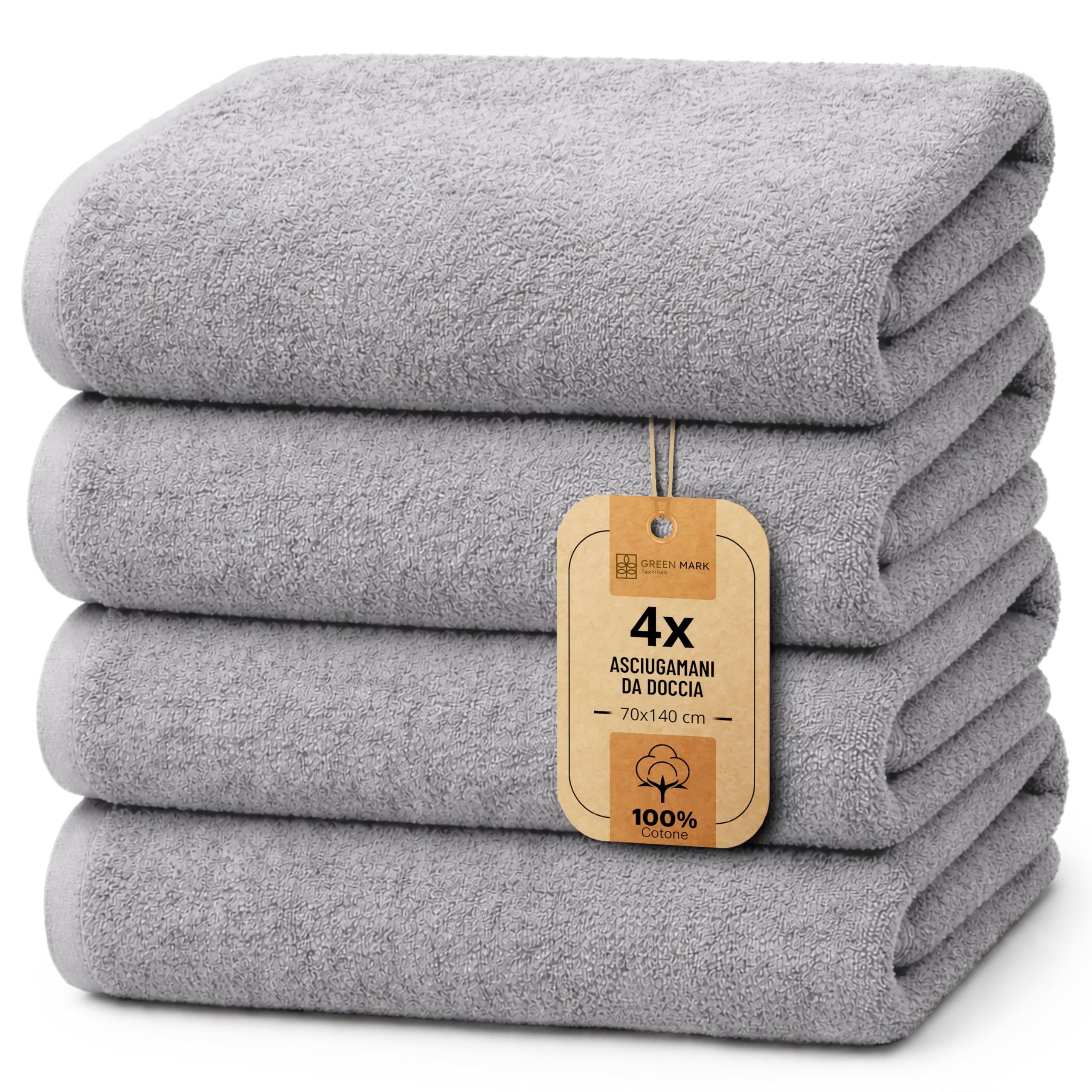 NatureMark Set da 4 teli doccia – teli doccia morbidi e assorbenti in 100% cotone, adatti all’uso quotidiano – Grigio Argento, 70x140 cm