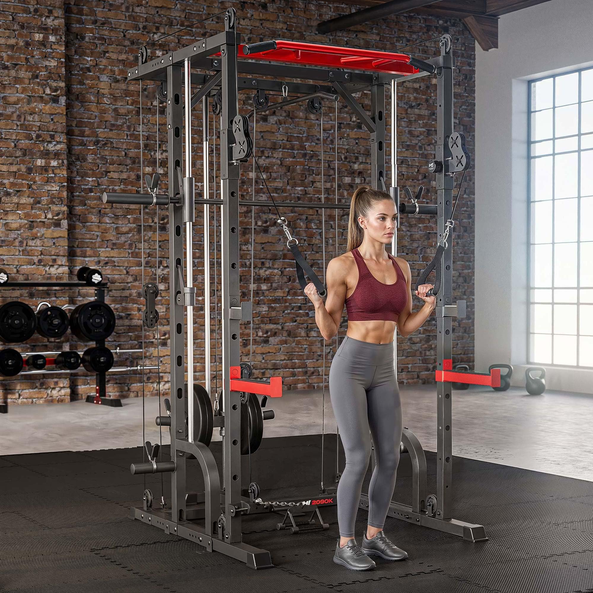 Hop-Sport Power Rack HS-2090K mit Latzug und Smith-Maschine, Power Cage mit Kabelzug, Klimmzugstange, Dip-Barren, Landmine, Multipresse und Sicherheitsablagen, Kraftstation Home Gym