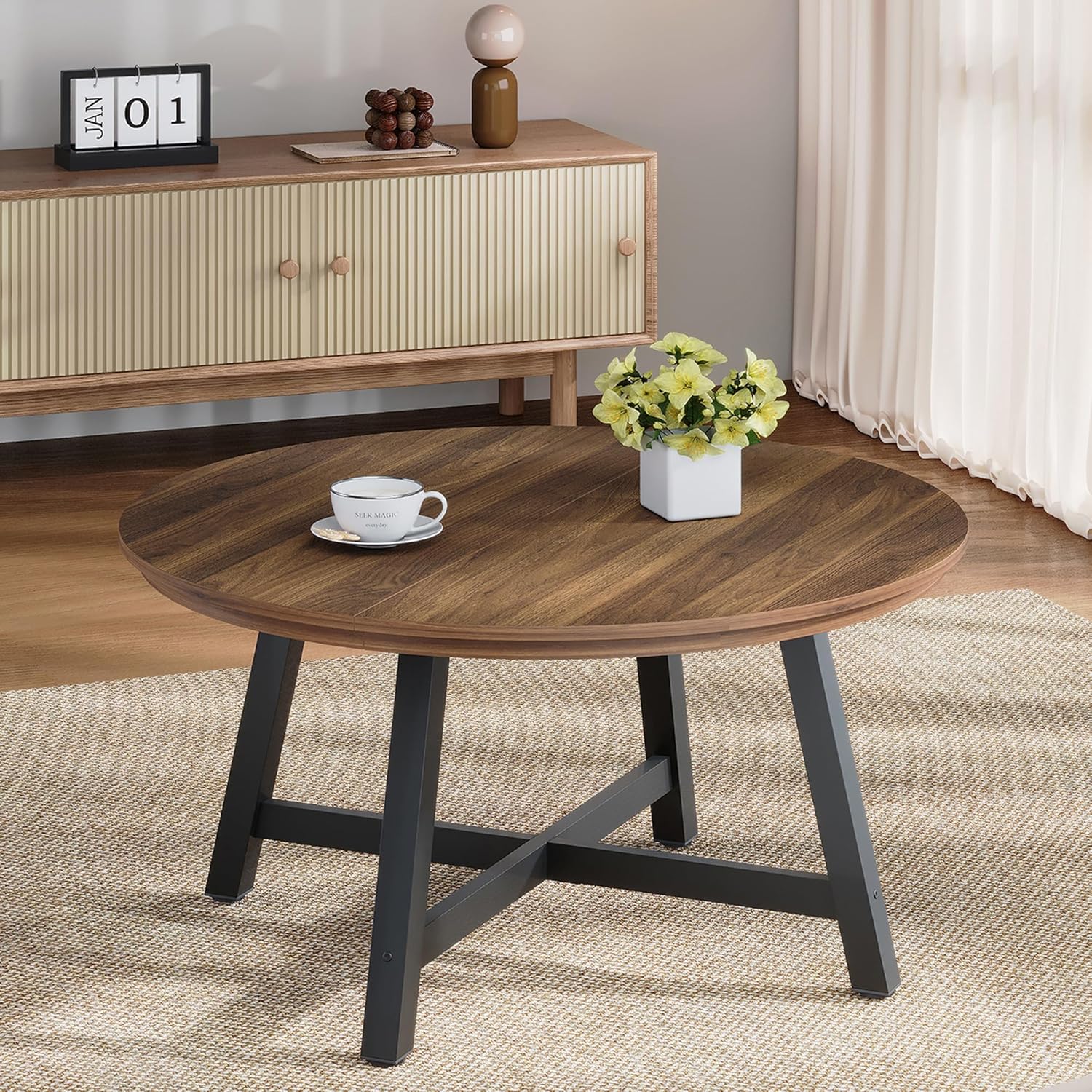 IDEALHOUSE Round Coffee Table 36”, Wood Circle Center Tables for Living Room, Industrial Grain Coffee Tables with Thickened Metal Legs & Adjustable Feet, Sturdy Farmhouse Living Table Easy Assembly