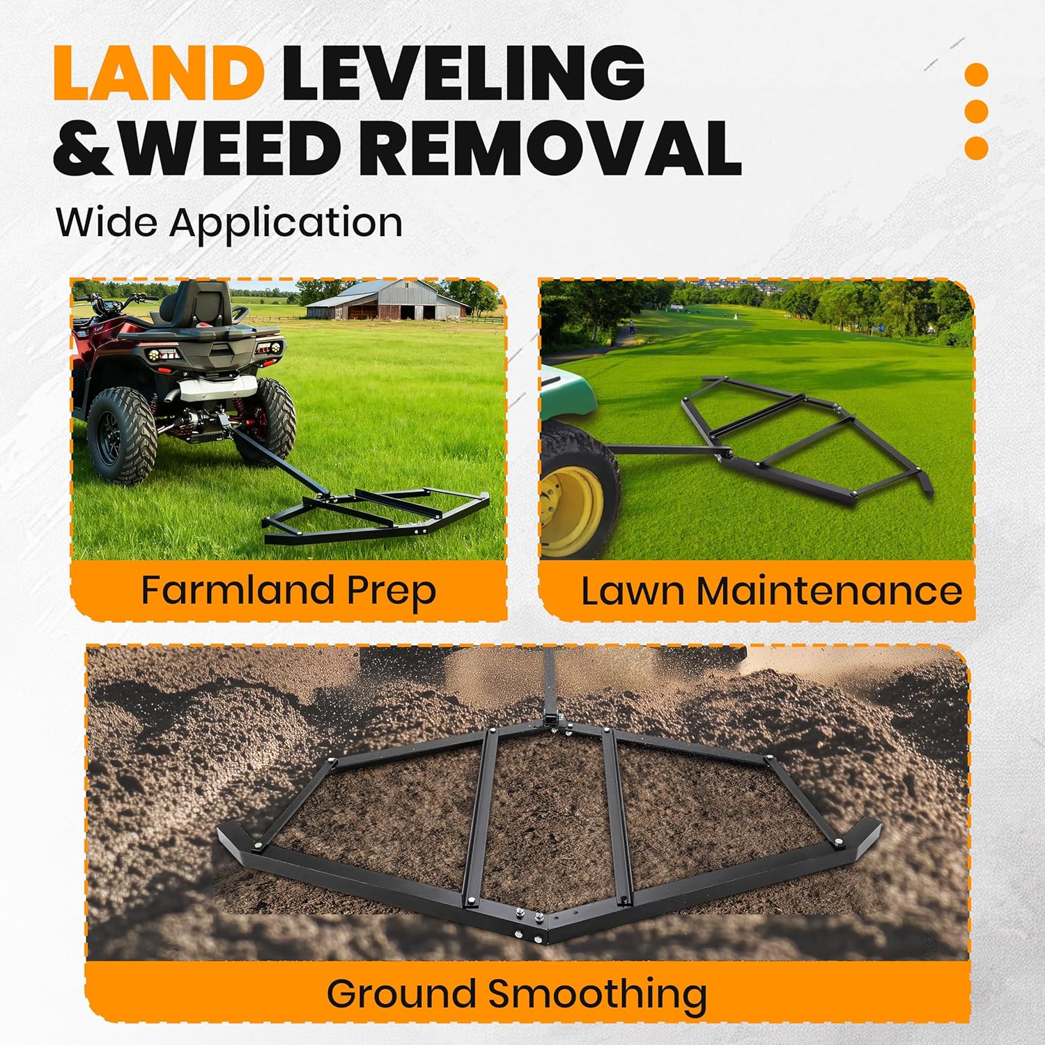 ECOTRIC Drag Harrow, 72" Width Heavy Duty Compatible with ATV UTV and Garden Tractor Tow Behind Landscape Drag Driveway Grader with Adjustable Pin-Style Hitch