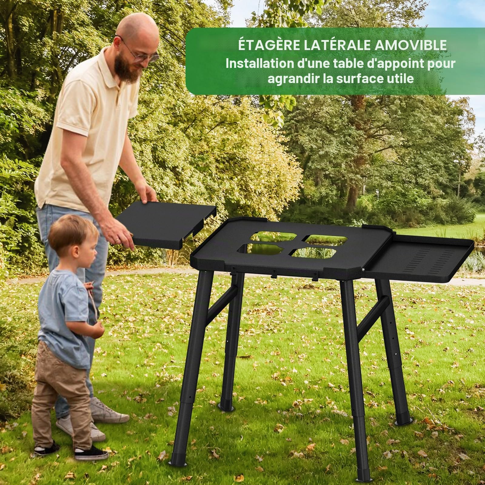 Support de barbecue pour barbecue d'extérieur Ninja Woodfire - Support électrique réglable en hauteur avec double table latérale - Support de four à pizza avec crochets de suspension