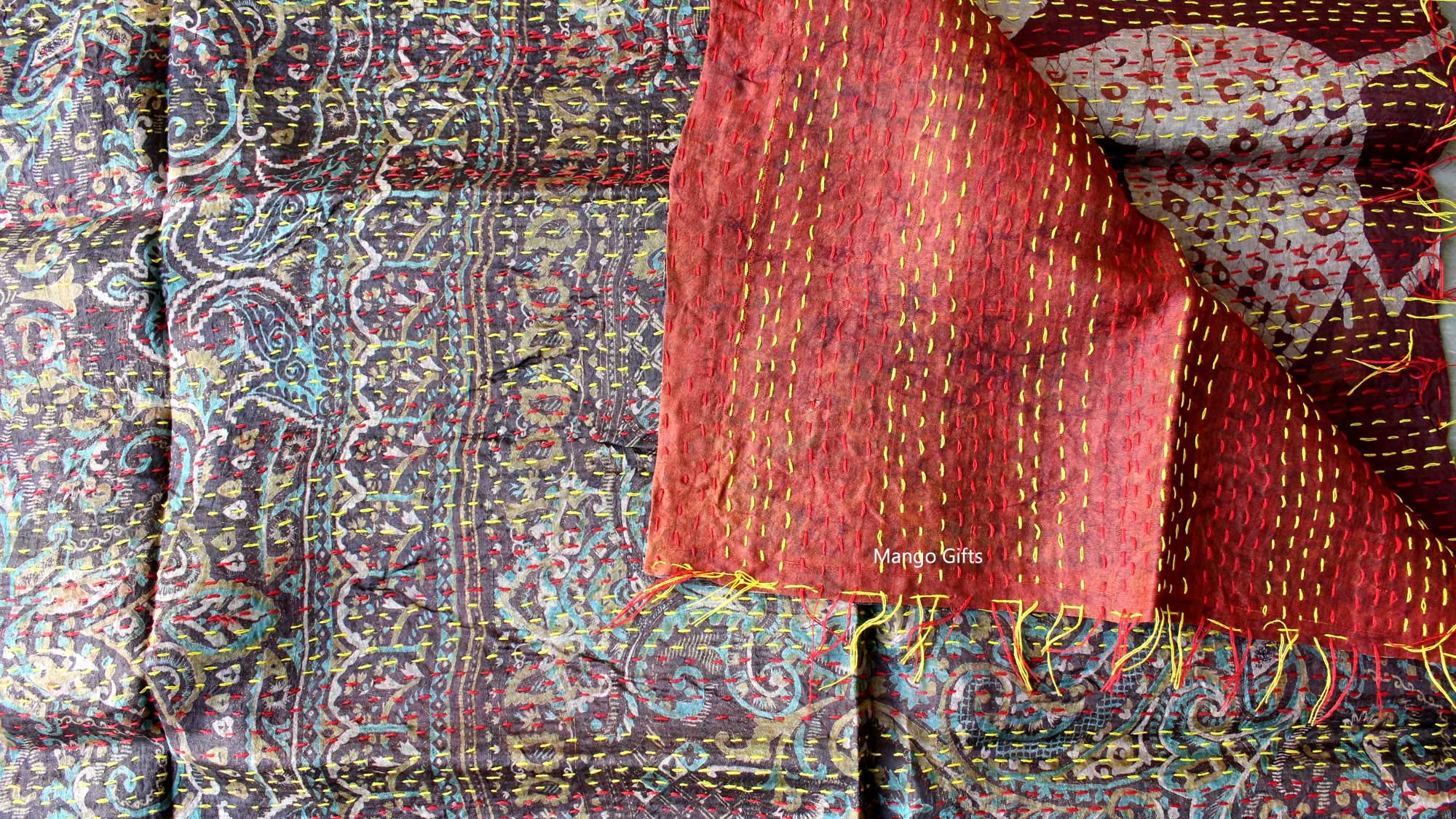 Sciarpa in seta vintage Kantha da lavoro in stile vintage, 10 pezzi
