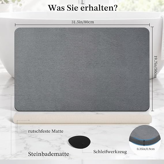 THMINS XXL Stone Bath Mat Diatomaceous Earth Shower Mat 80 x 50 cm Grey