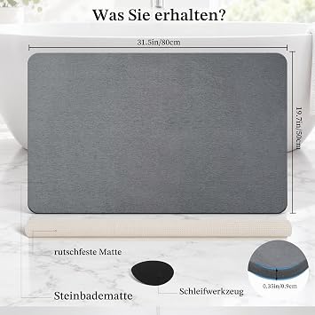 THMINS XXL Stone Bath Mat Diatomaceous Earth Shower Mat 80 x 50 cm Grey