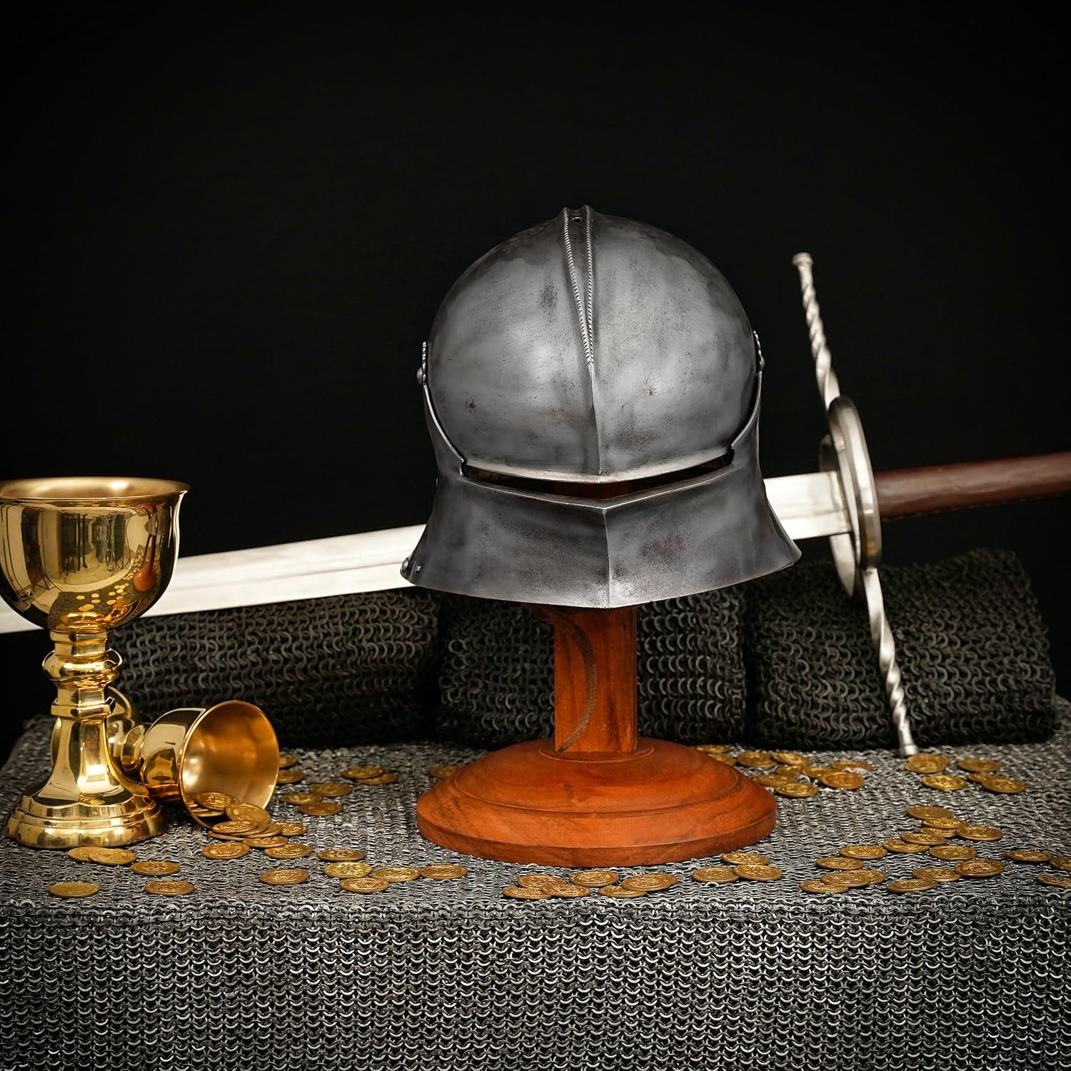 Mythrojan Solid Wooden Helmet Stand Medieval Roman Viking Templar, Spartan, Knight Helmet Display Holder for Renaissance, Cosplay, LARP, Collectors Costume (15" Plain Natural)