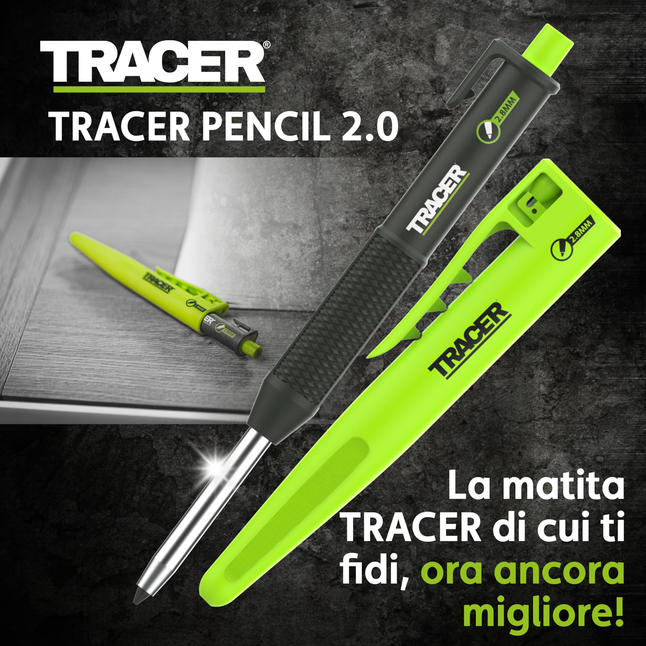 TRACER Pencil 2.0 Matita Carpentiere per Falegnameria – Matita da Cantiere con Holster, Punta 2.8mm per Marcature Profonde in Edilizia