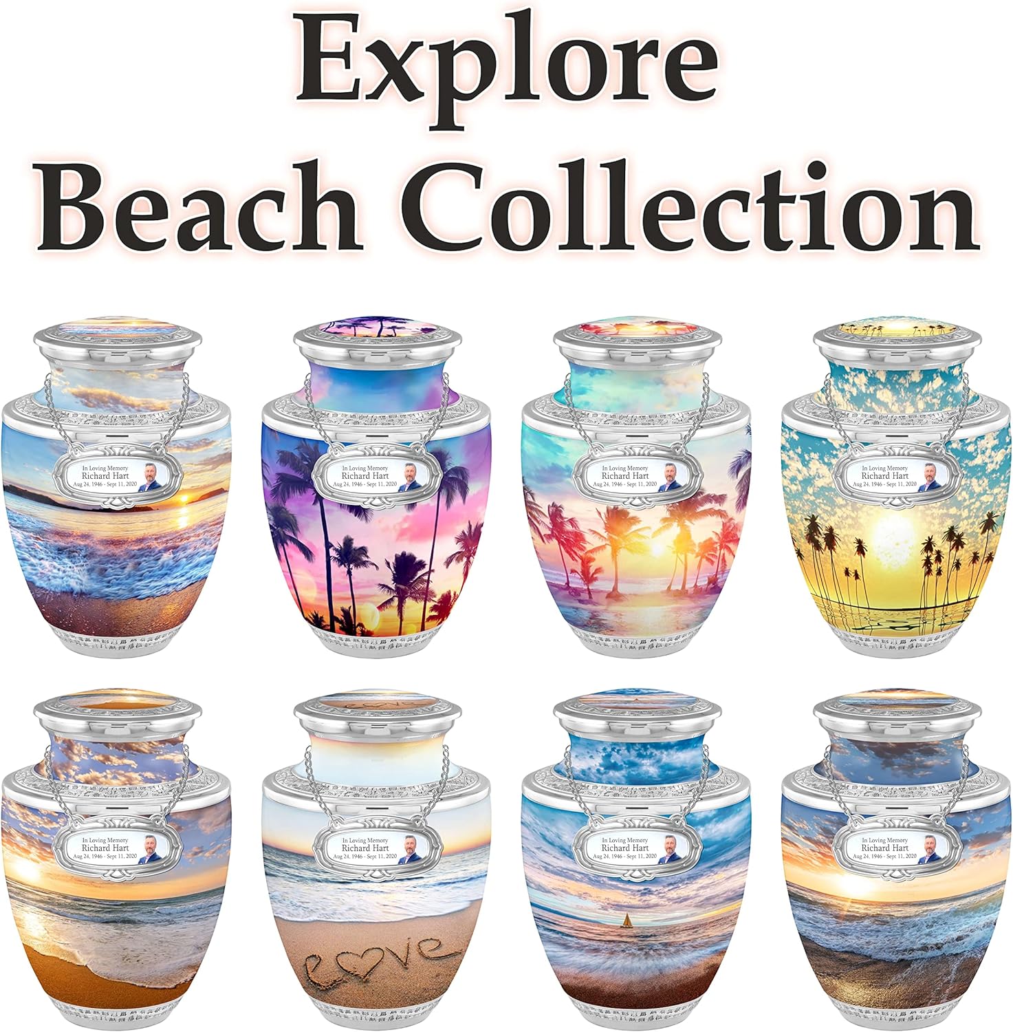 Personalized Medallion Seashore Sunset Cremation Urns for Adult Ashes - Male & Female - 200lbs Burial Urns for Human Ashes - Handcrafted Funeral Decorative Urns with Velvet Bag - Image 2