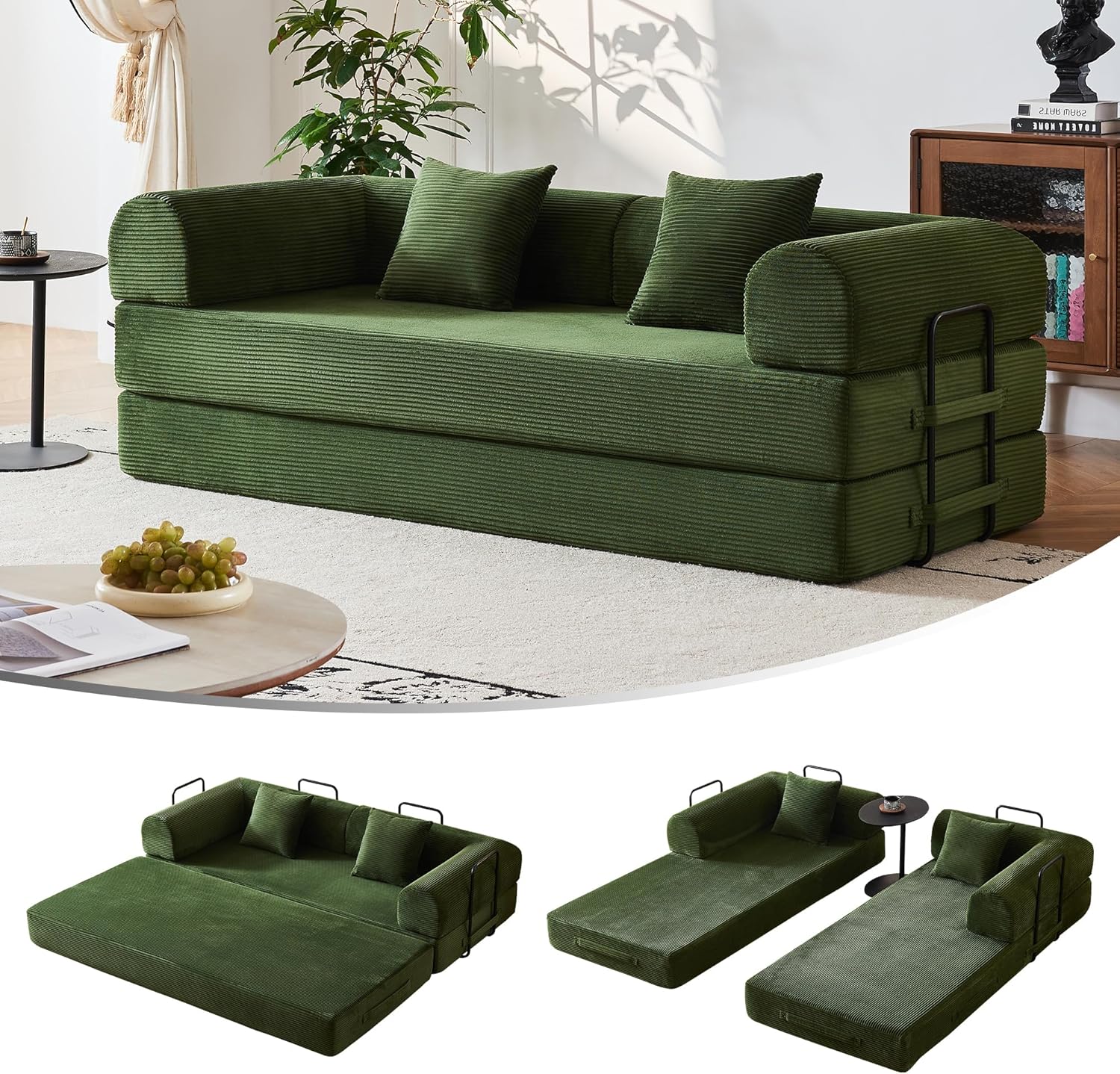 79'' Convertible Sofa Bed, Modular Couch Bed for Small Spaces with 2 Pillow, Corduroy Fabric Sofa with Plush Memory Foam, Floor Sofa Lounge Couch for Living Room Bedroom Lounge Studio（Dark Green） - Amazon product rated Grade D