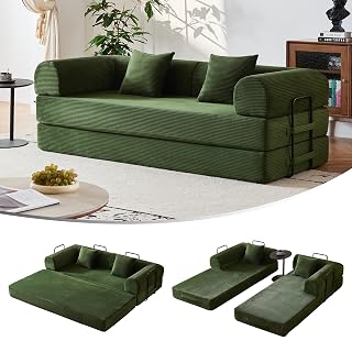 79'' Convertible Sofa Bed, Modular Couch Bed for Small Spaces with 2 Pillow, Corduroy Fabric Sofa with Plush Memory Foam, Floor Sofa Lounge Couch for Living Room Bedroom Lounge Studio(Dark Green) - Amazon product rated Grade C