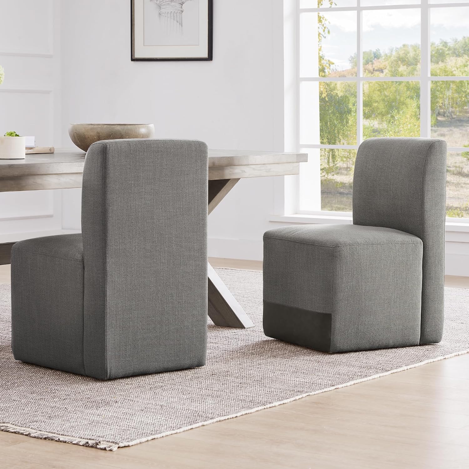 Set of 2 Linen Upholstered Armless Rolling Dining Chairs