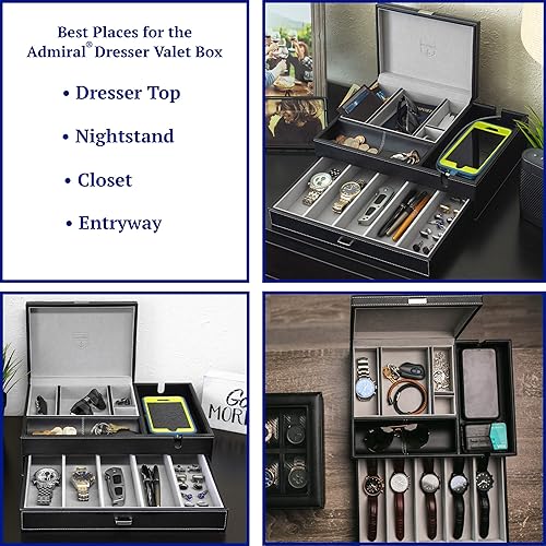Miniatura 4 de HOUNDSBAY Admiral Dresser Valet Box & Mens Jewelry Box Organizer with Large Smartphone Charging Station (Grey)