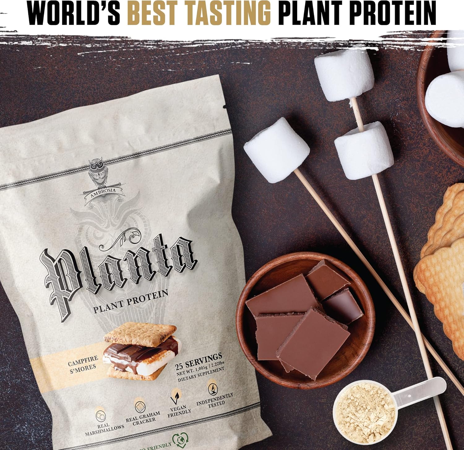 Ambrosia Planta - Plant-Based Protein Powder 20g | Dairy Free Vegan Protein Powder with BCAA Amino Acids | Keto-Friendly, No Added Sugar | 25 Servings | Campfire Smores - Image 3