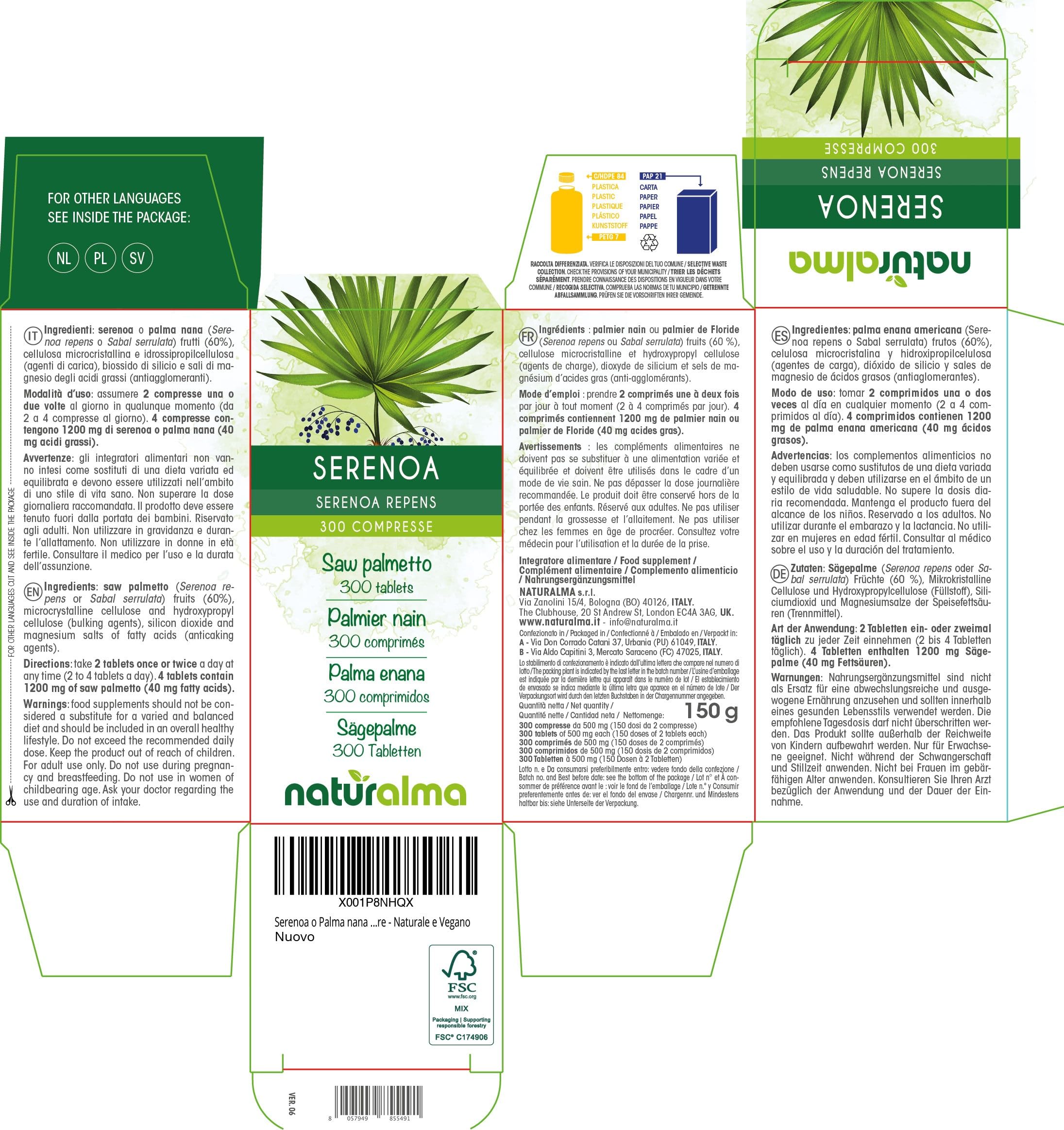Serenoa o Palma nana (Serenoa repens o Sabal serrulata) frutti Naturalma - 150 g - 300 compresse - Integratore alimentare - Naturale e Vegano
