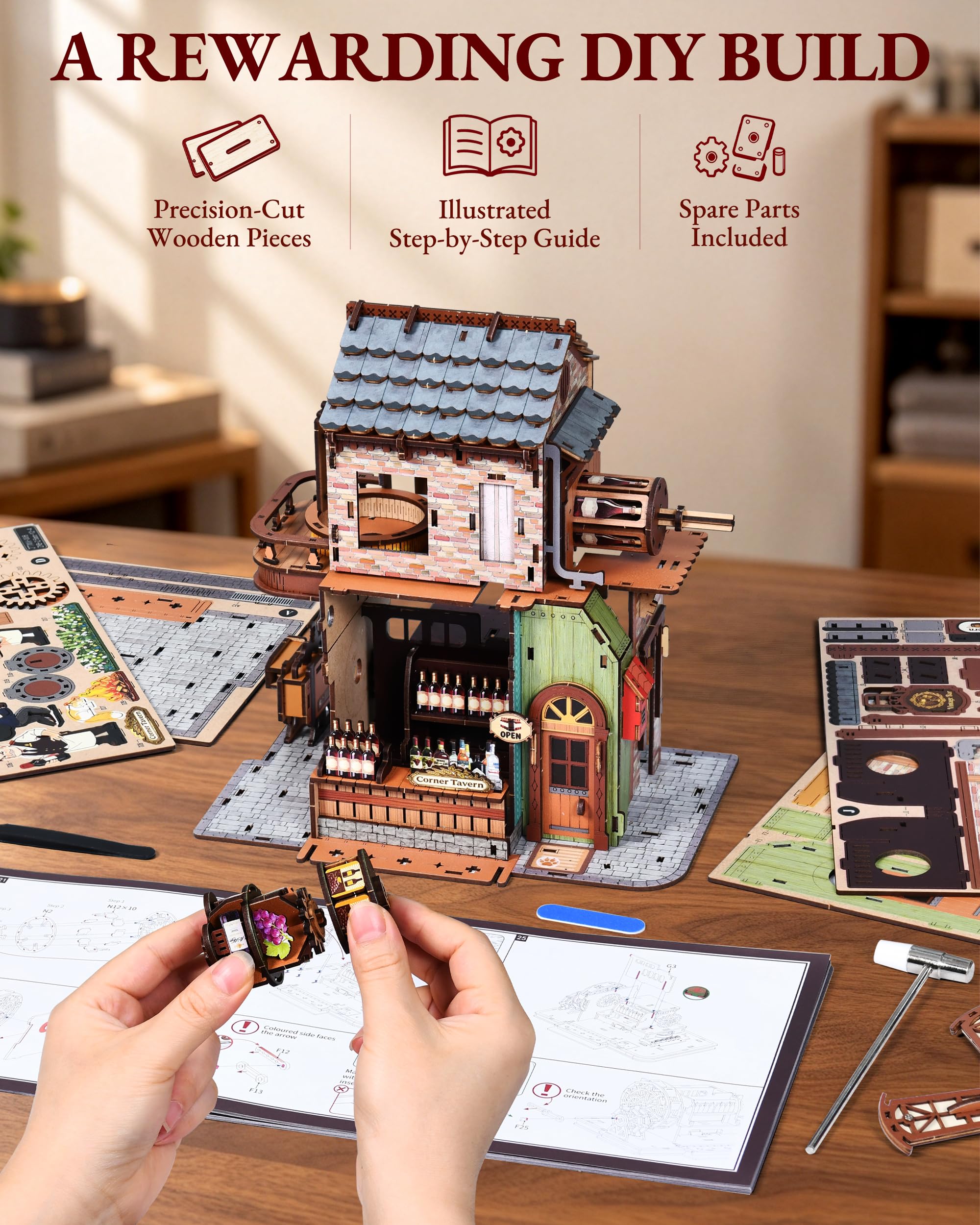 Puzzle 3D Legno Taverna Modellino Musicali con Girandola Che Gira e Luci