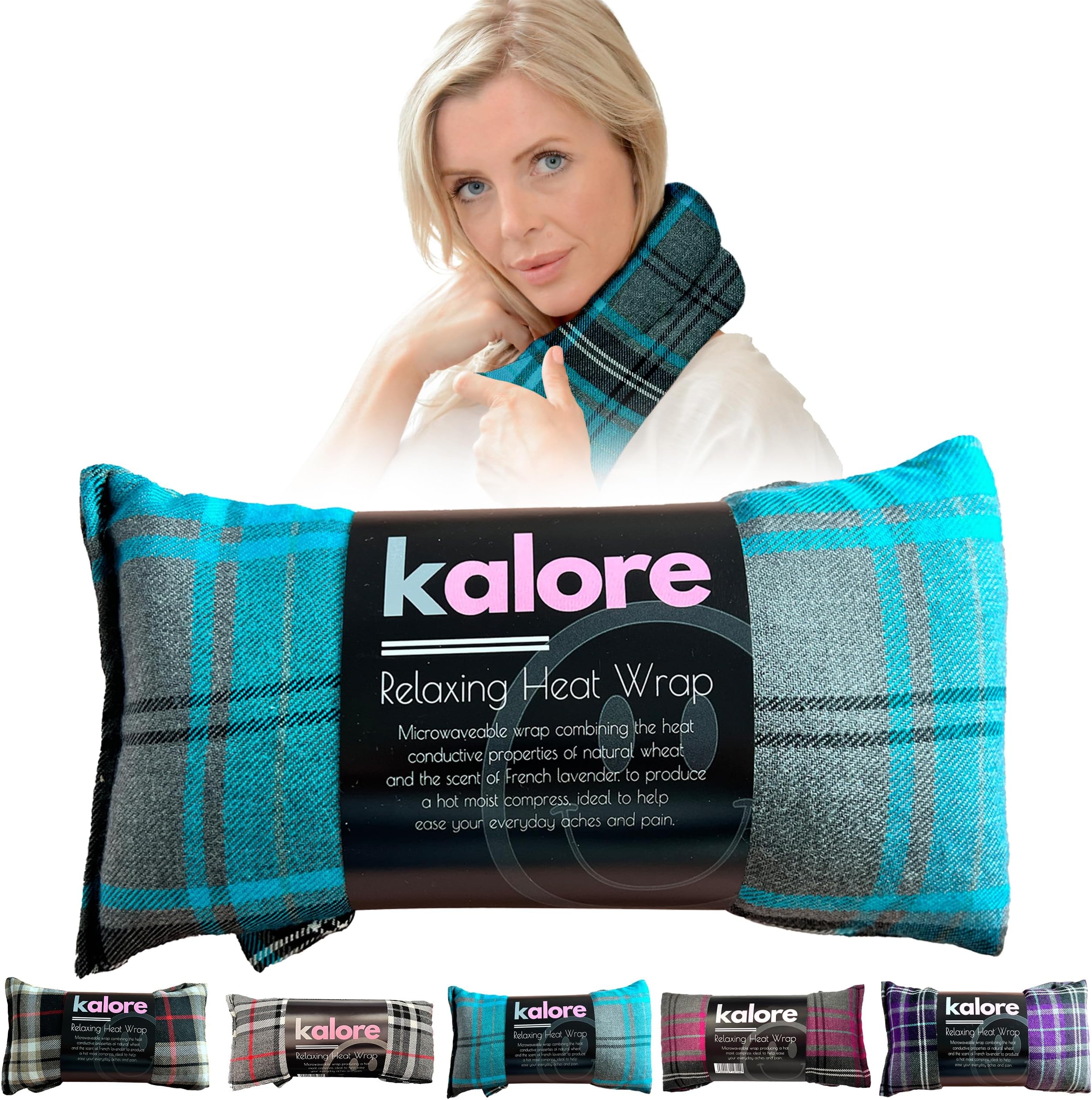 Kalore Microwave Hot Water Bottle - Back Heating Cushion with Strap - Cotton Fabric Tartan and Wheat UK Hot Water Bottle Back by Kalore, Turquoise