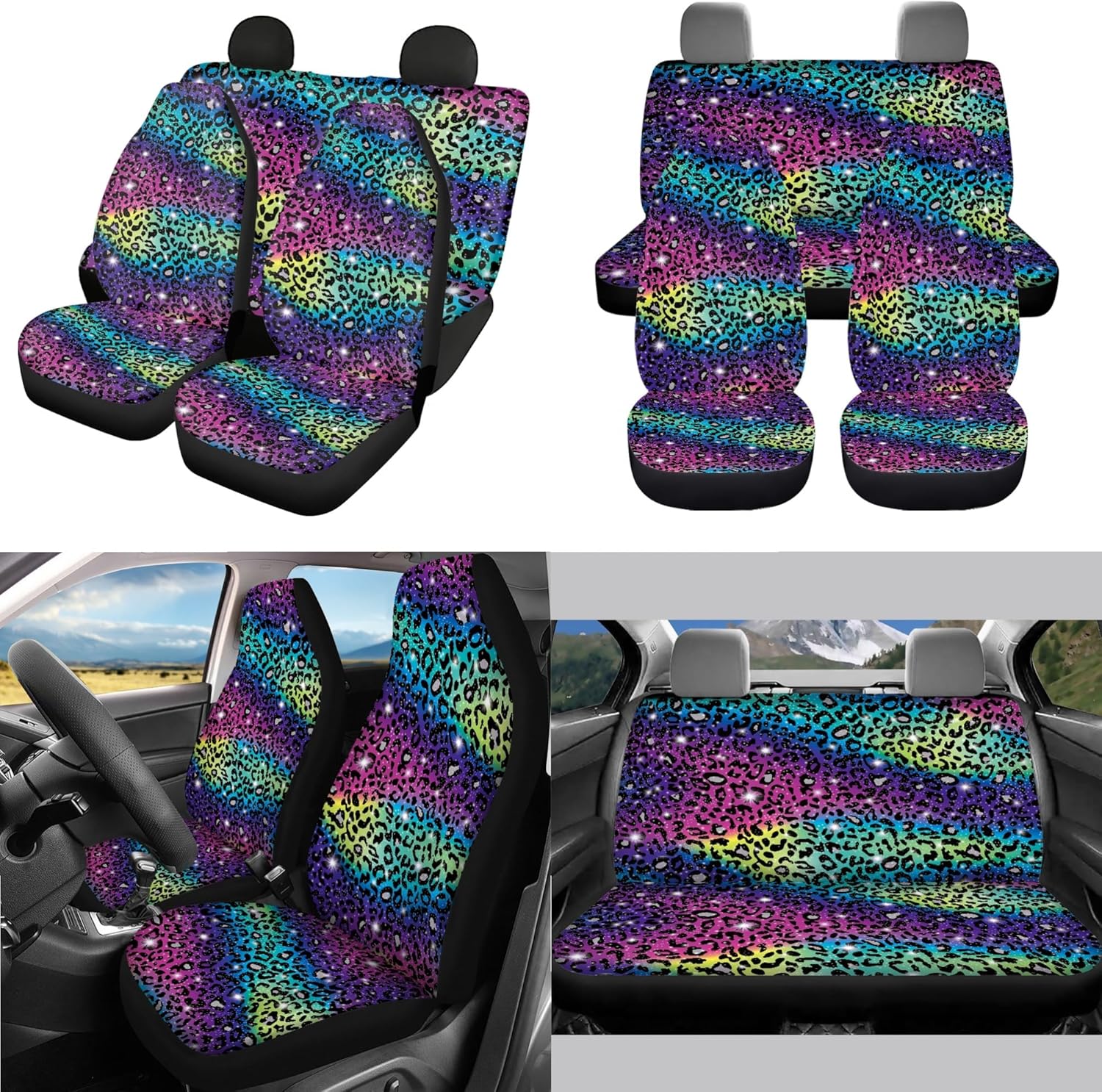 Coldinair 12 Pack Rainbow Glitter Leopard Print Car Seat Covers Full Set with Steering Wheel Cover and Seat Belt Pad,Handbrake Cover Gear Shift Knob Cover,Car Coaster,Keychain,Auto Interior Decoration