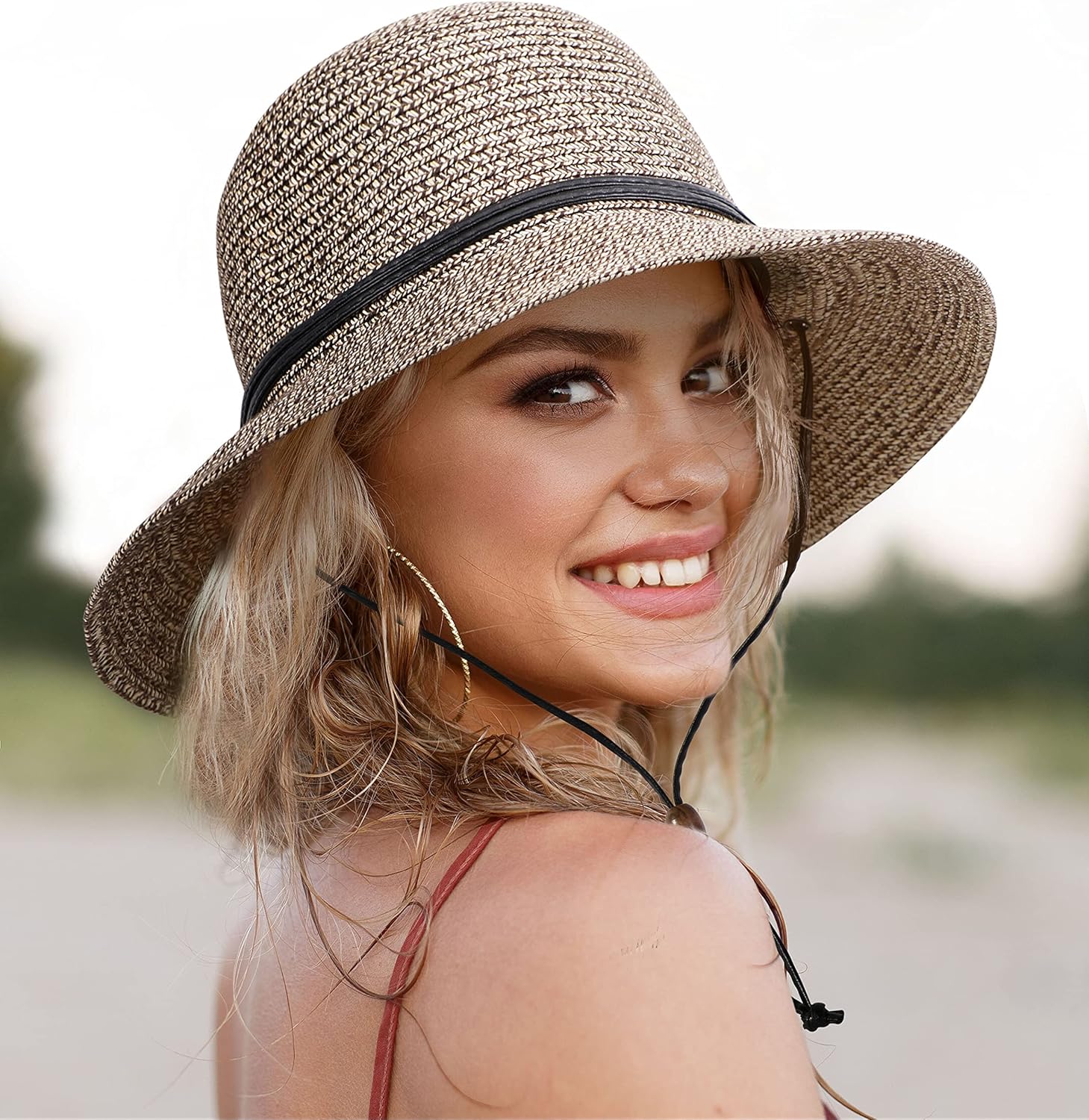 Simplicity Womens Beach Hat Sun Hat Women Wide Brim Hat Lightweight Straw Sun Hat with Chin Strap Roll Up Sun Visor Cute Hat Coffee/Brown at  Women’s Clothing store