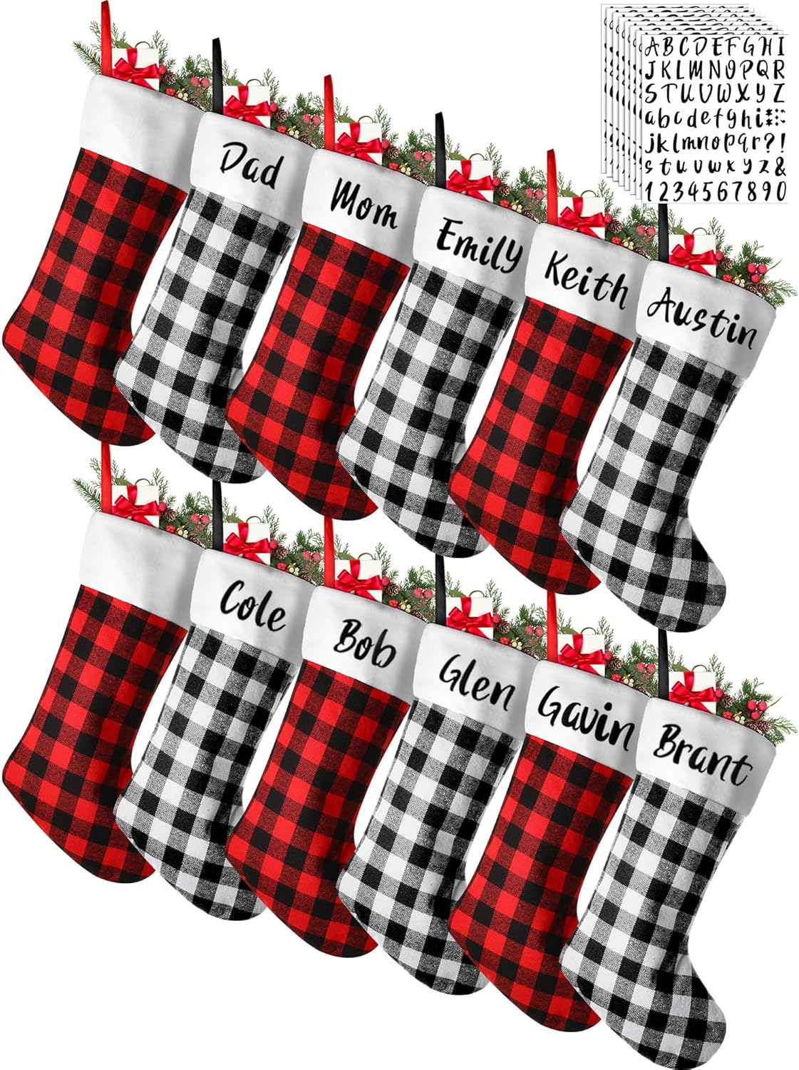 Tatuo 12 Pack Christmas Burlap Stockings 17 Inch Christmas Hanging Decorations Tree Decor Xmas Party Supplies with 4 Sheets Black Letter Self Adhesive Vinyl Stickers(Black Red, Black White)