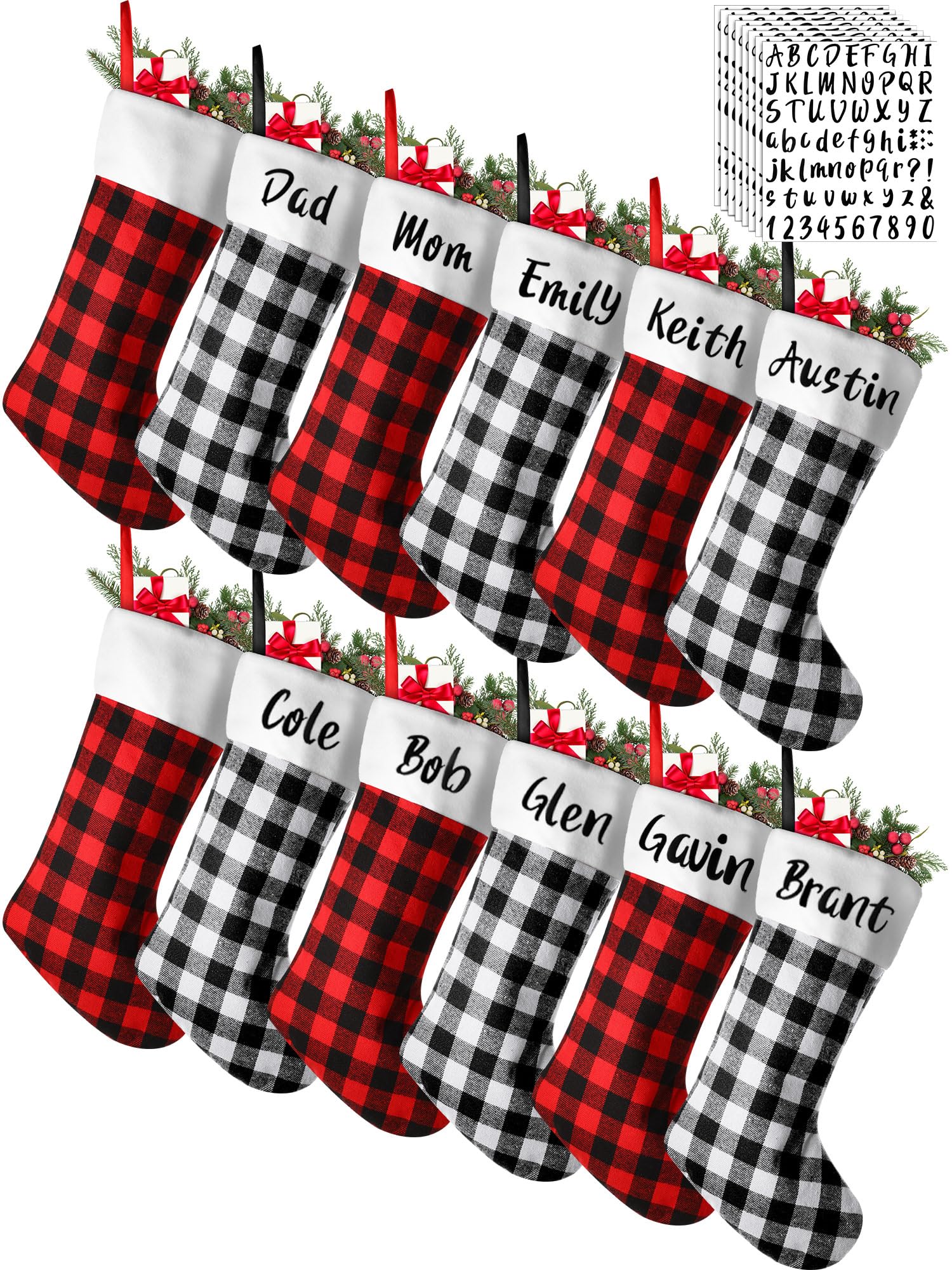 Tatuo Lot de 12 chaussettes de Noël en toile de jute de 43,2 cm, décorations de Noël à suspendre avec 4 feuilles d'autocollants en vinyle avec lettres noires (noir, rouge, noir et blanc)