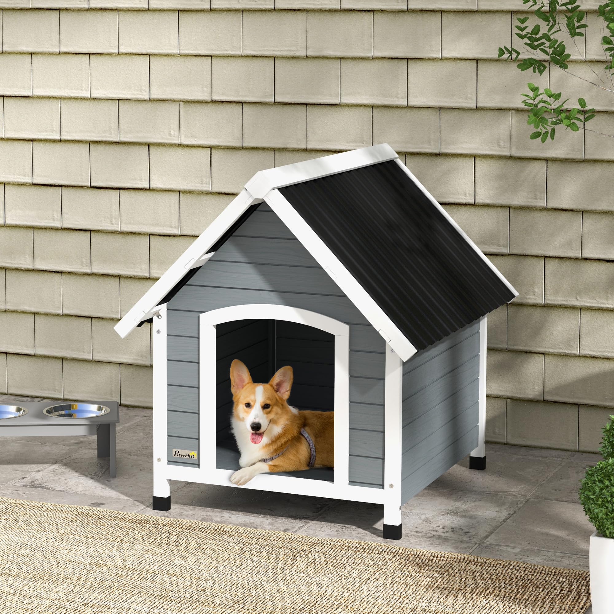 PawHut - Casero de Perro Exterior de Madera, con Suelo extraíble, Patas de plástico Ajustables en Altura, para Perros de tamaño Mediano, 75 x 88 x 82 cm, Color Gris